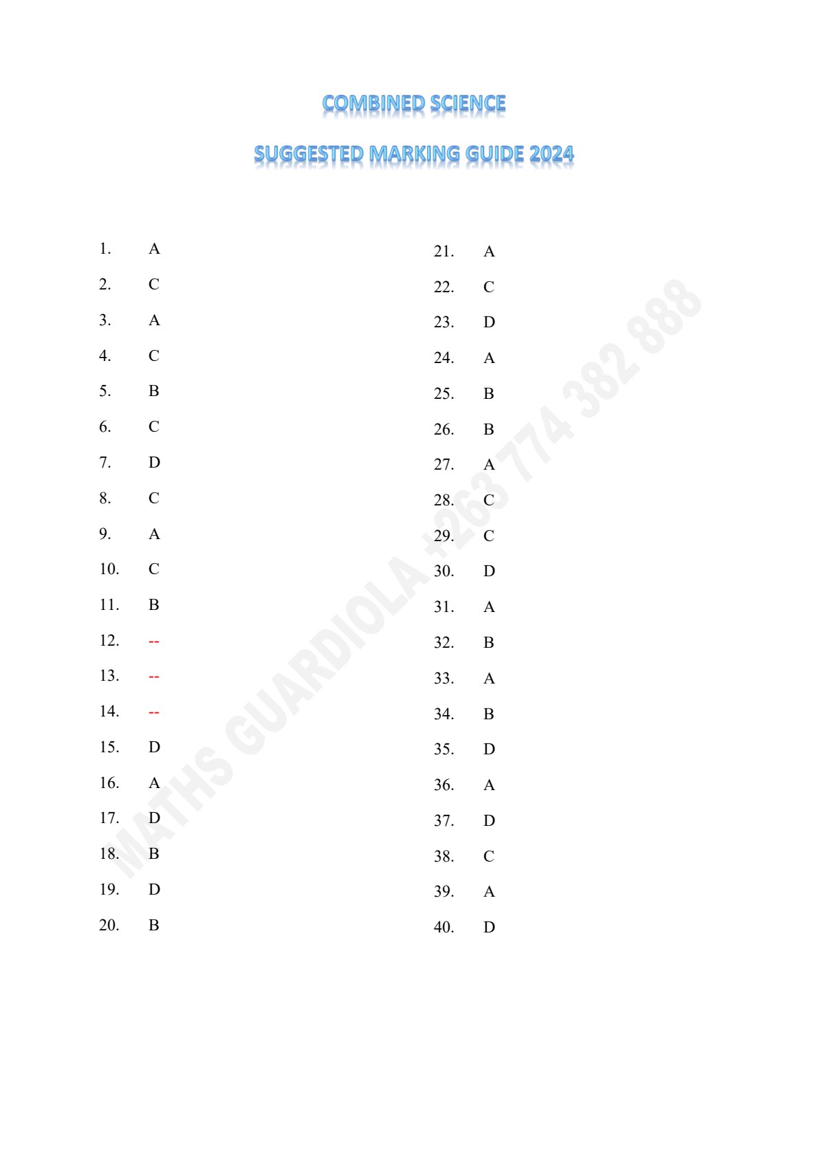 First page of ZIMSEC O-Level Combined Science Paper 1 June 2024 Marking Scheme