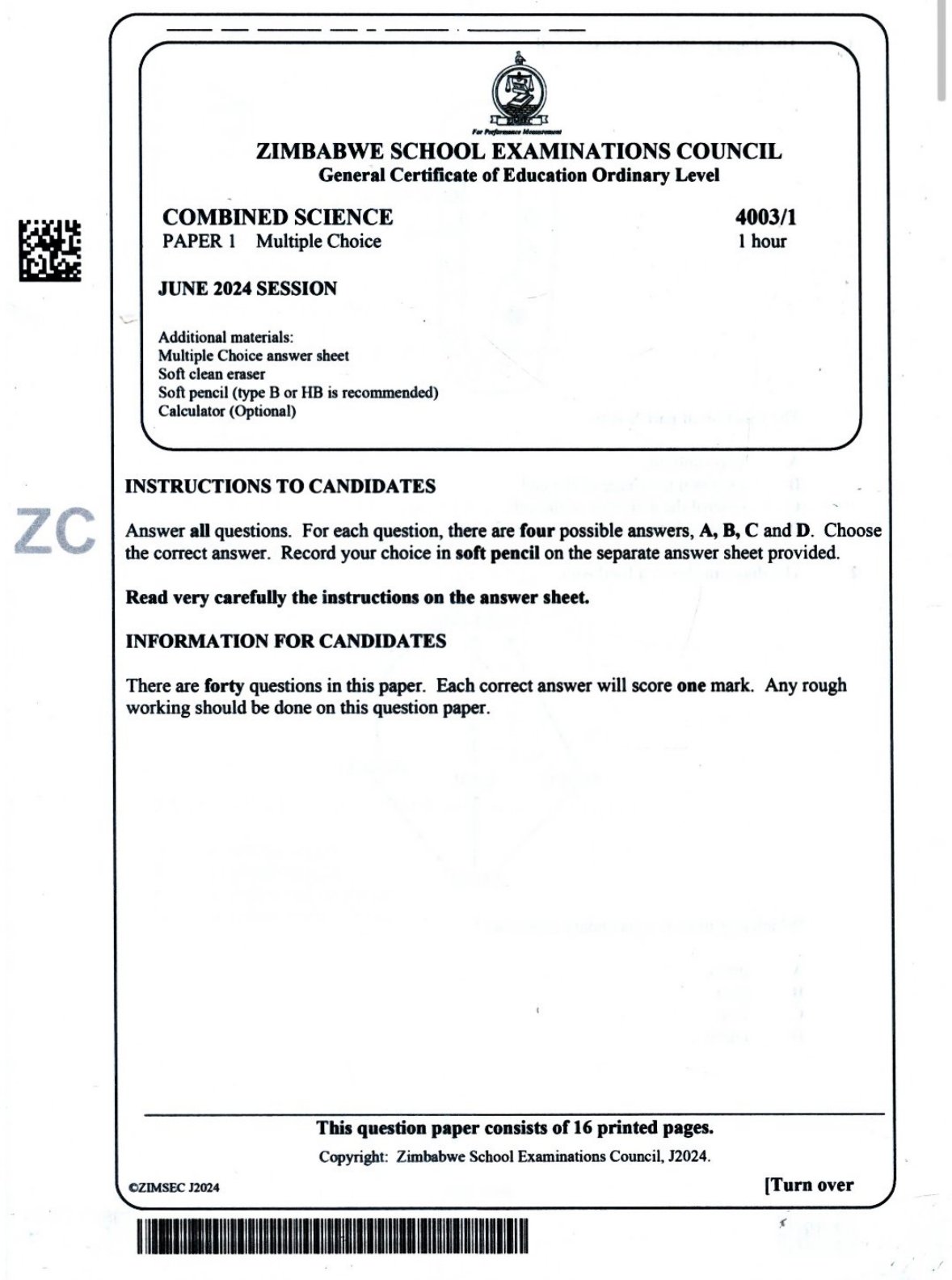 First page of ZIMSEC O-Level Combined Science Paper 1 June 2024 Question Paper
