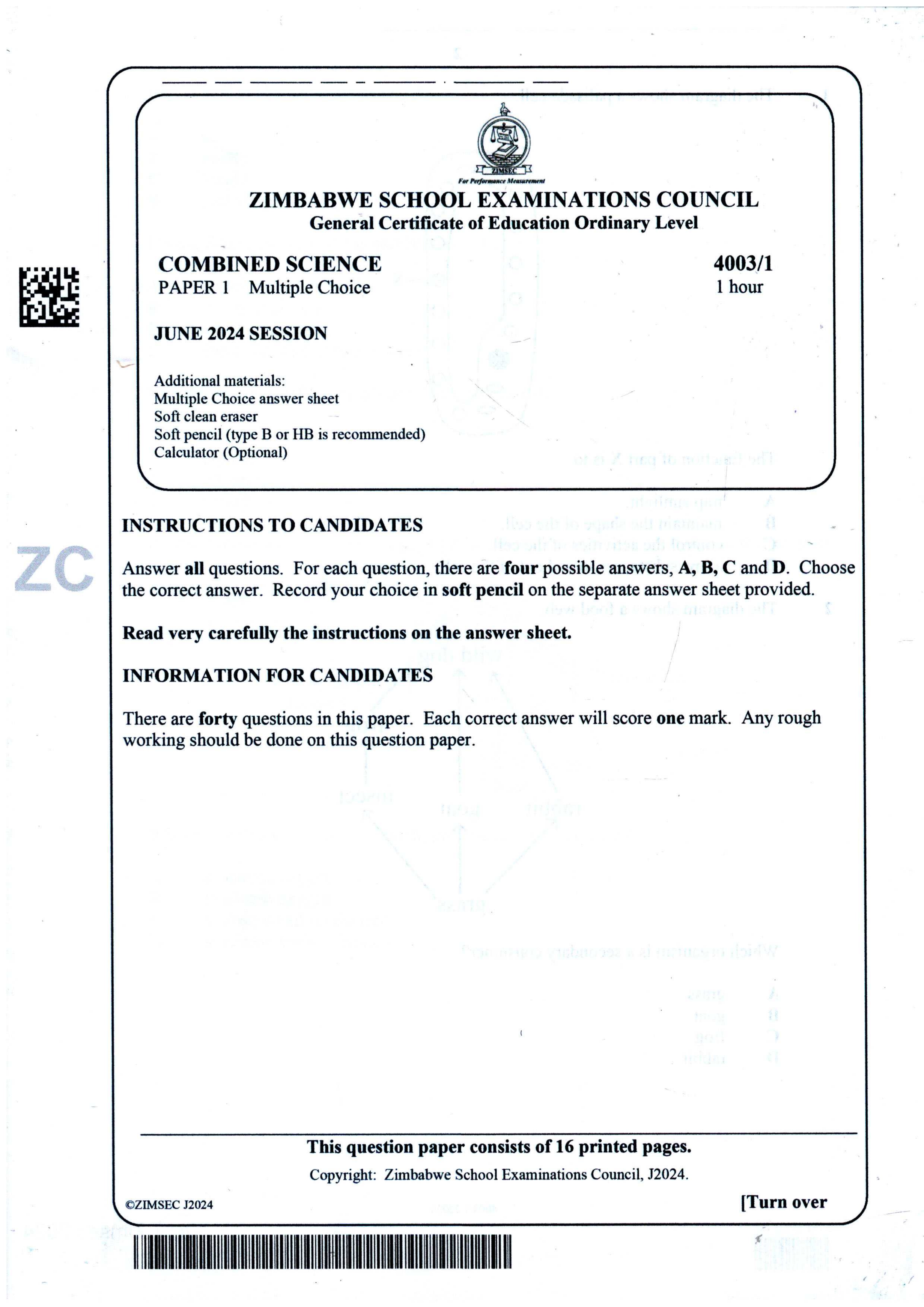 First page of ZIMSEC O-Level Combined Science Paper 1 June 2024 Question Paper