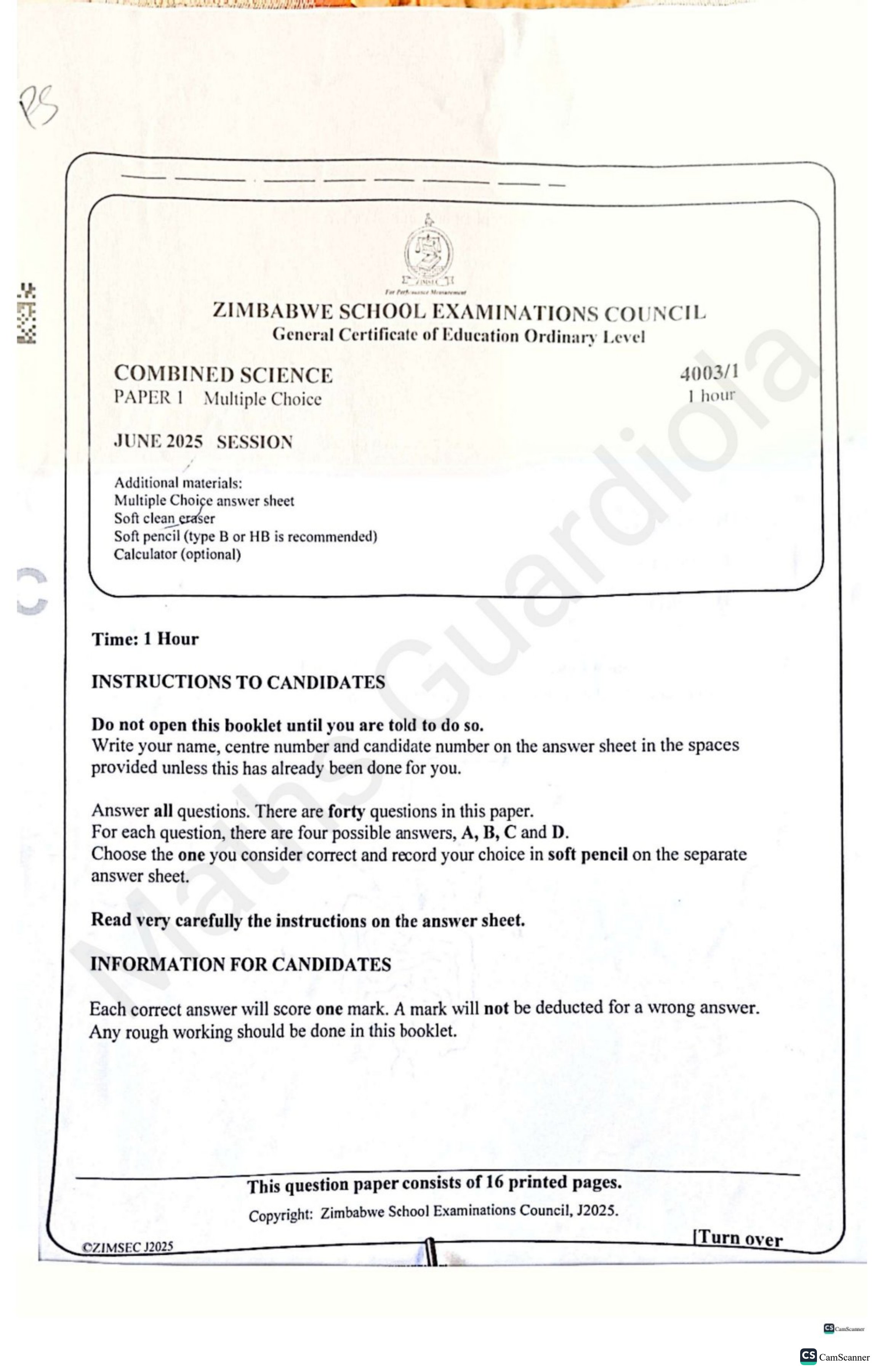 First page of ZIMSEC O-Level Combined Science Paper 1 June 2025 Question Paper