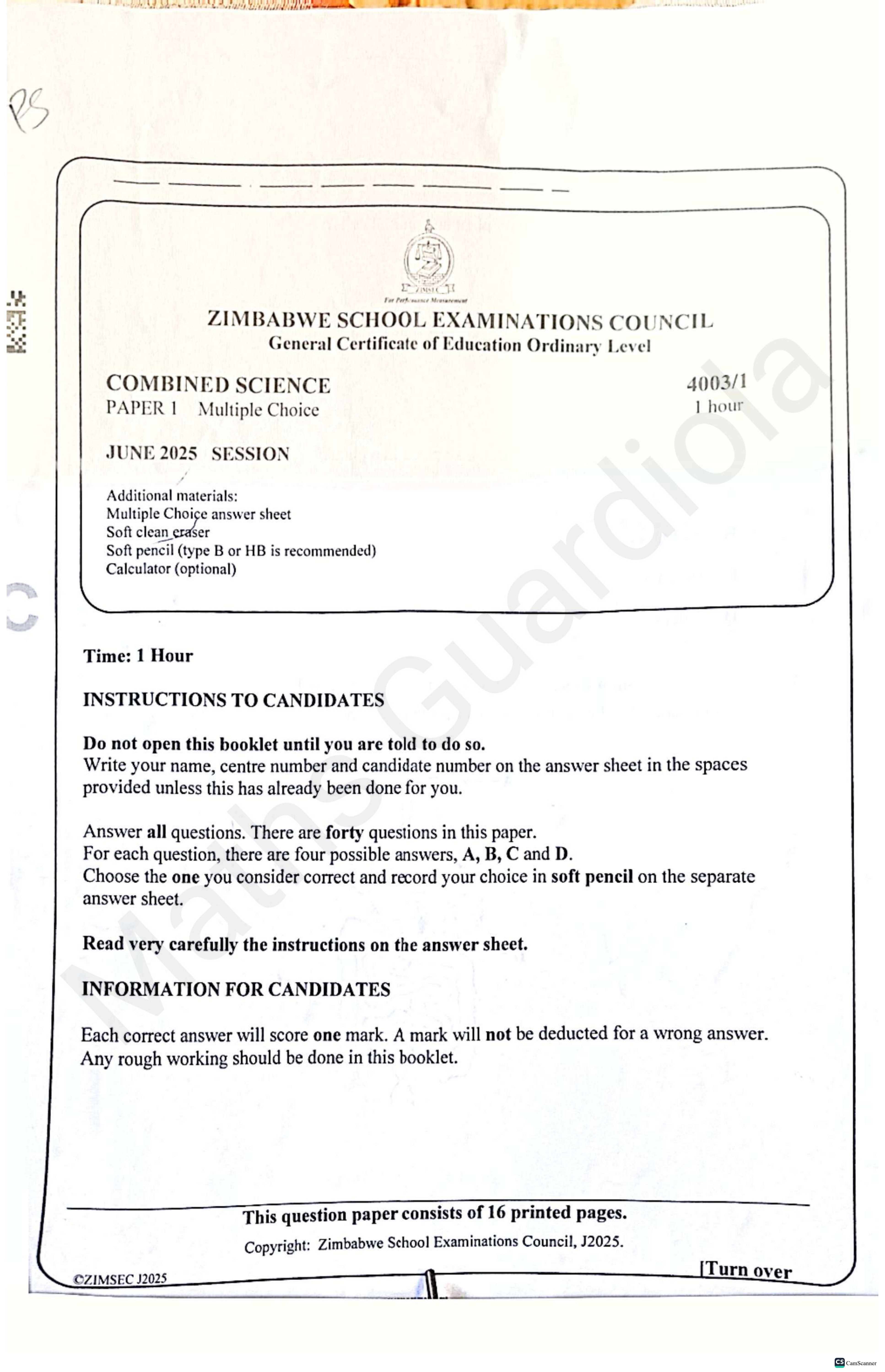 First page of ZIMSEC O-Level Combined Science Paper 1 June 2025 Question Paper