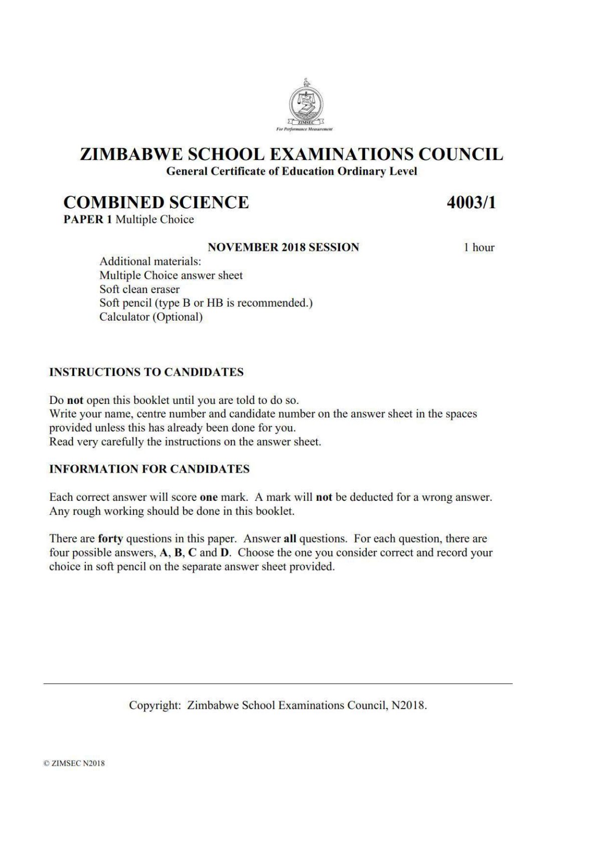 First page of ZIMSEC O-Level Combined Science Paper 1 November 2018 Question Paper