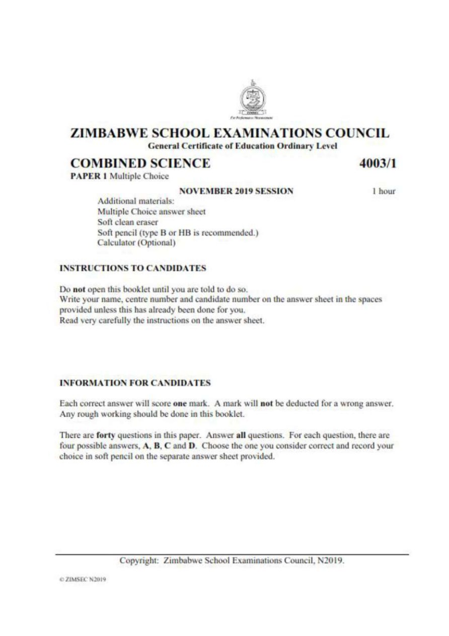 First page of ZIMSEC O-Level Combined Science Paper 1 November 2019 Question Paper