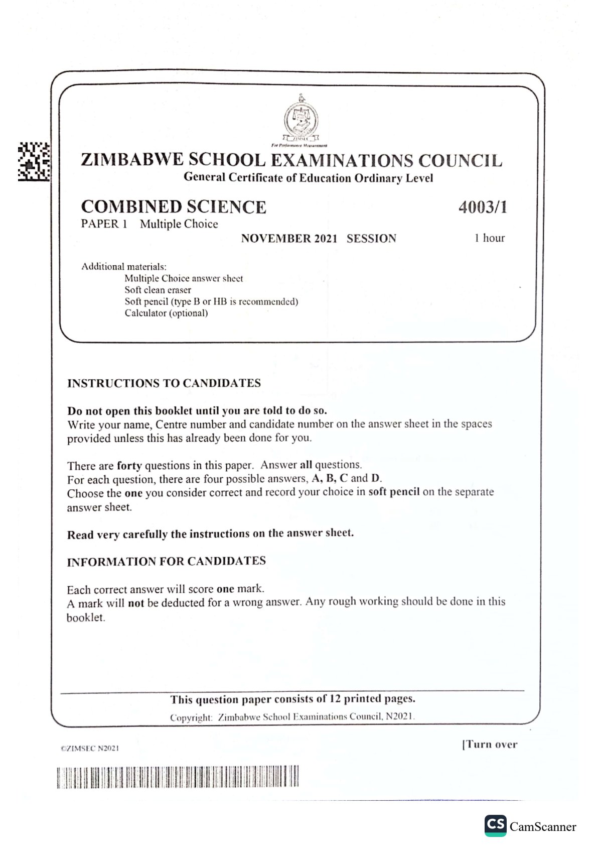 First page of ZIMSEC O-Level Combined Science Paper 1 November 2021 Question Paper