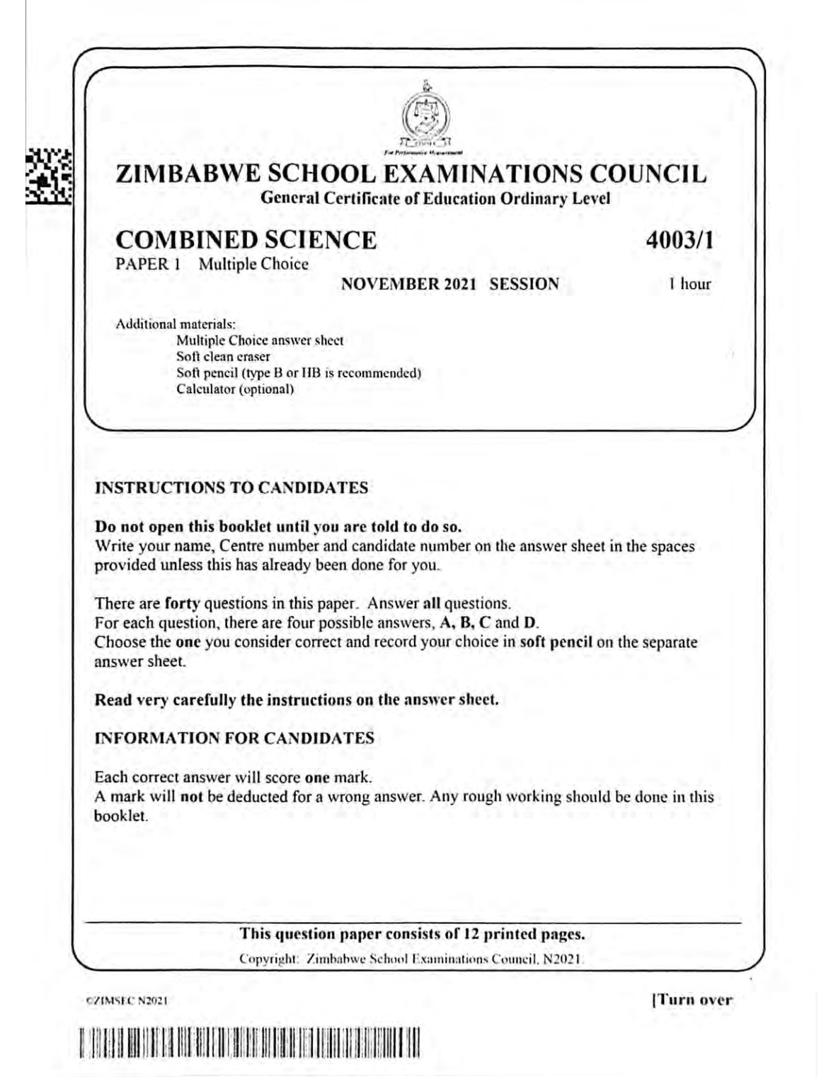 First page of ZIMSEC O-Level Combined Science Paper 1 November 2021 Question Paper