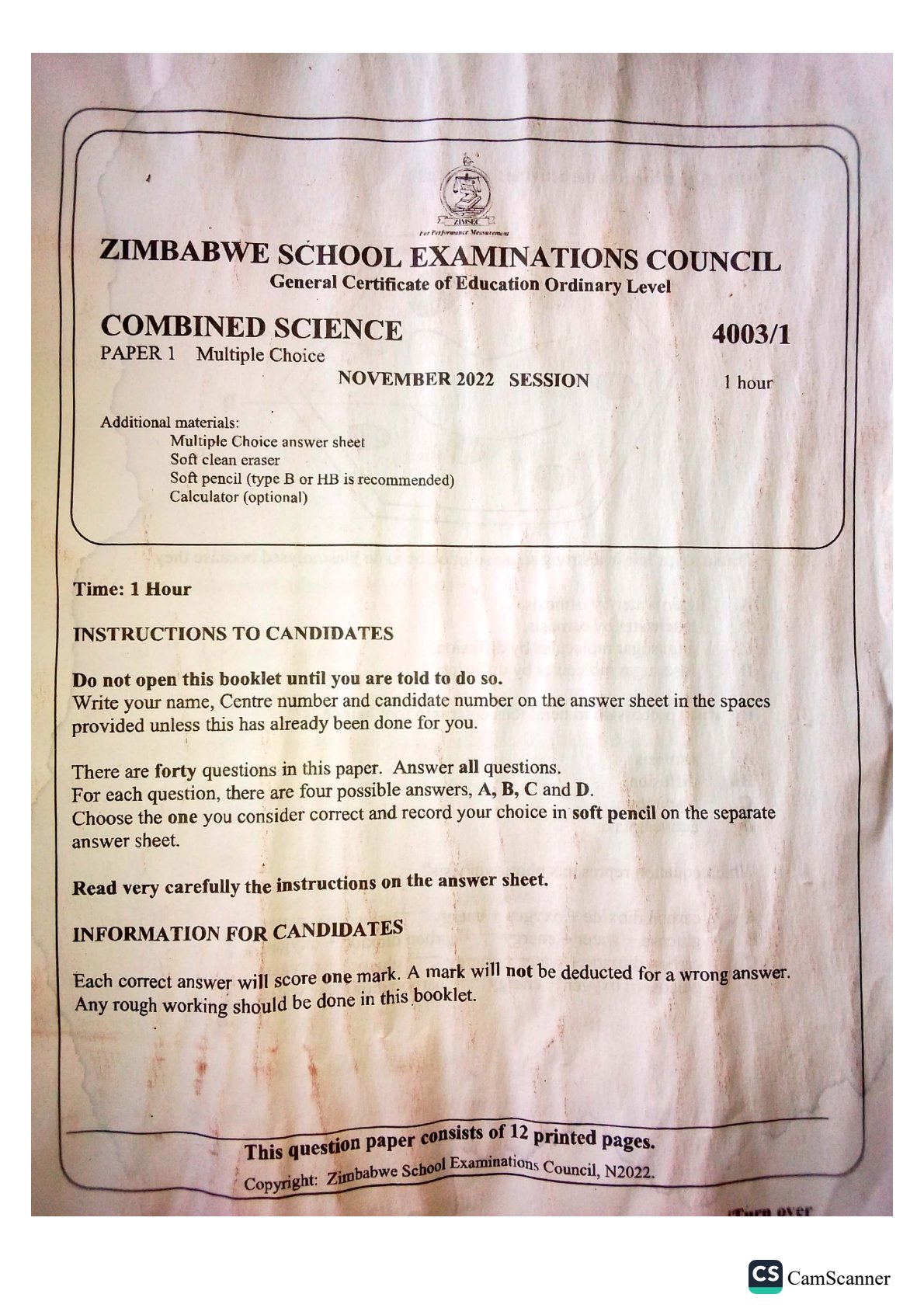 First page of ZIMSEC O-Level Combined Science Paper 1 November 2022 Question Paper