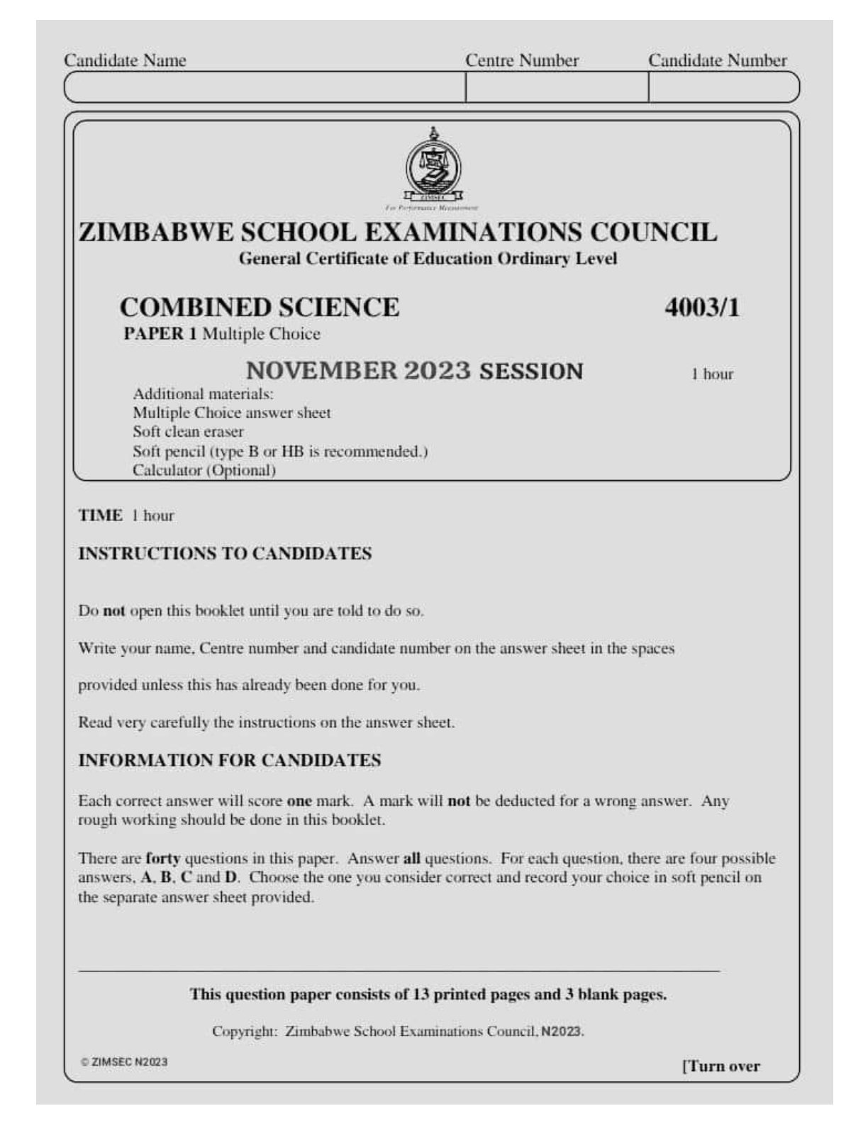 First page of ZIMSEC O-Level Combined Science Paper 1 November 2023 Question Paper
