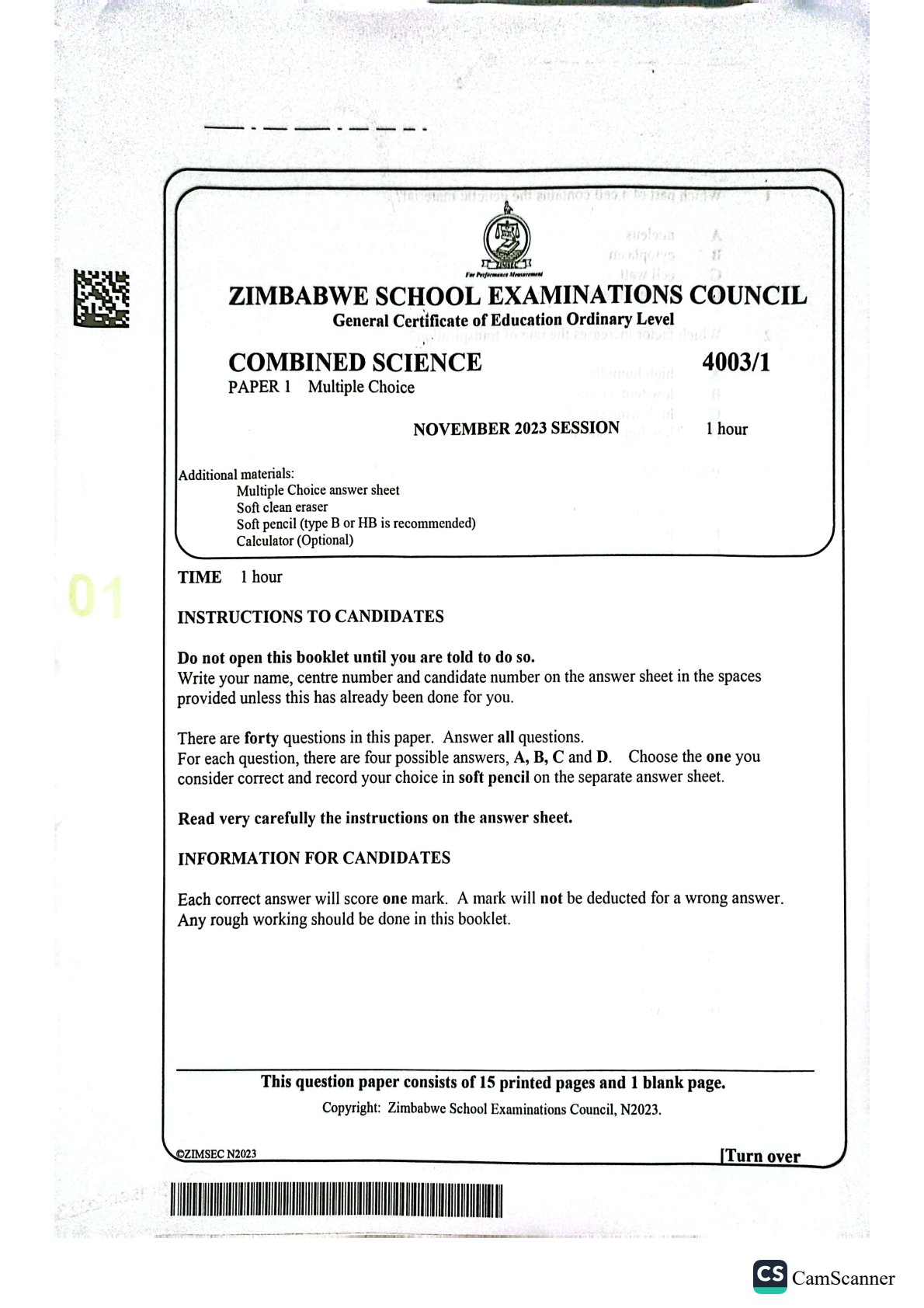 First page of ZIMSEC O-Level Combined Science Paper 1 November 2023 Question Paper