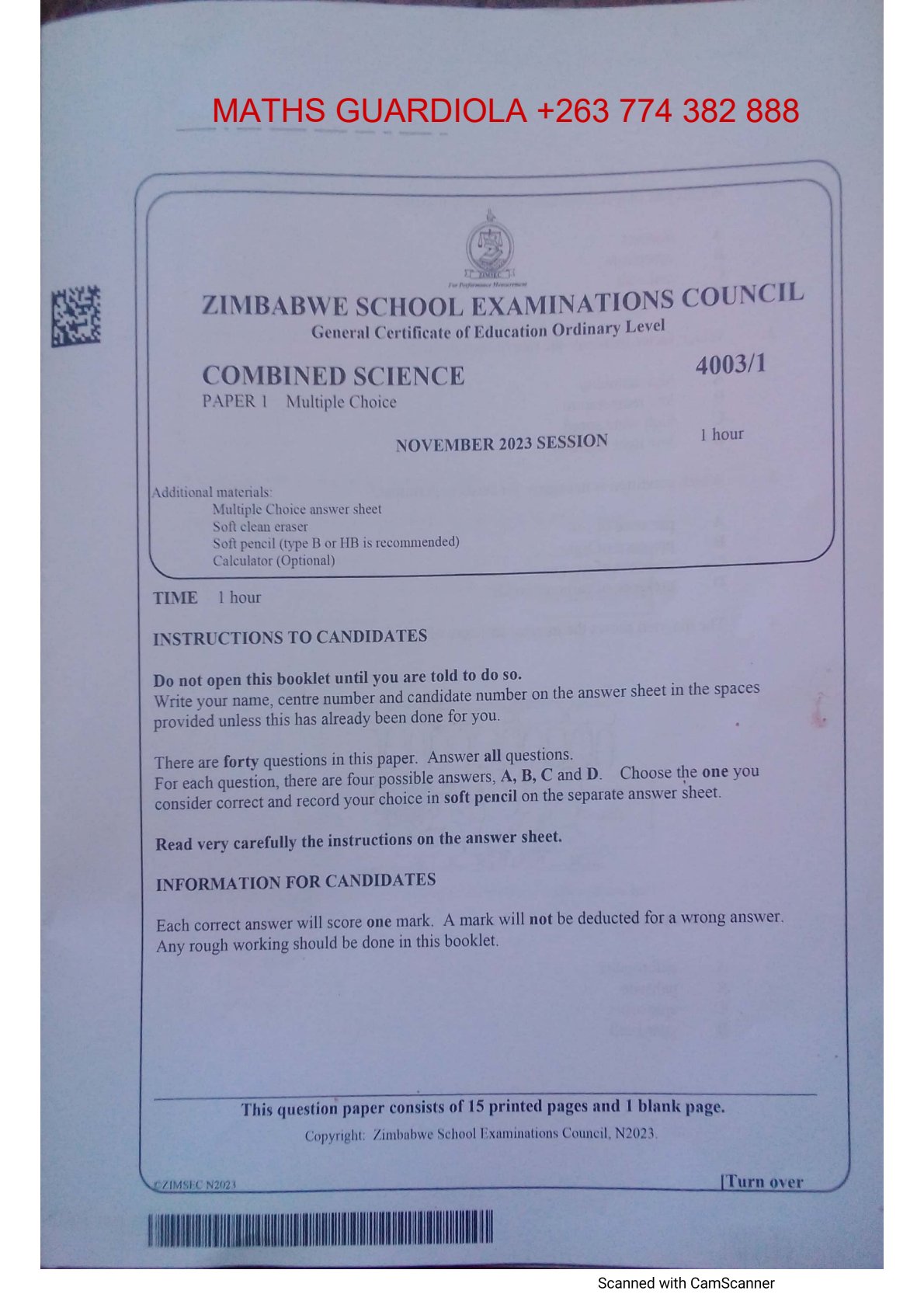 First page of ZIMSEC O-Level Combined Science Paper 1 November 2023 Question Paper