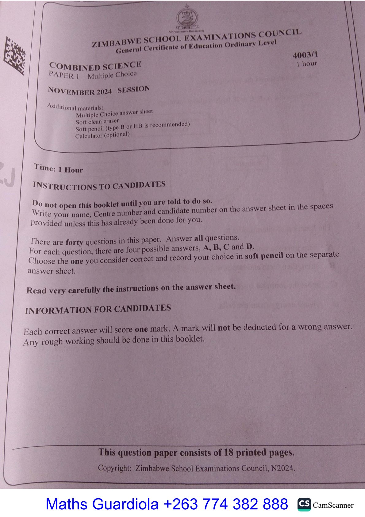 First page of ZIMSEC O-Level Combined Science Paper 1 November 2024 Question Paper