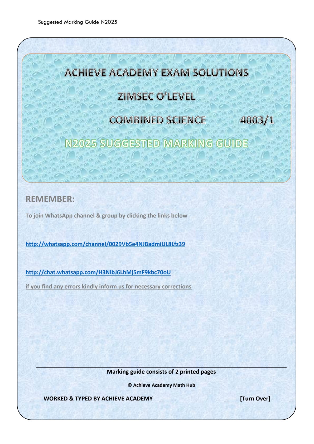 First page of ZIMSEC O-Level Combined Science Paper 1 November 2025 Marking Scheme