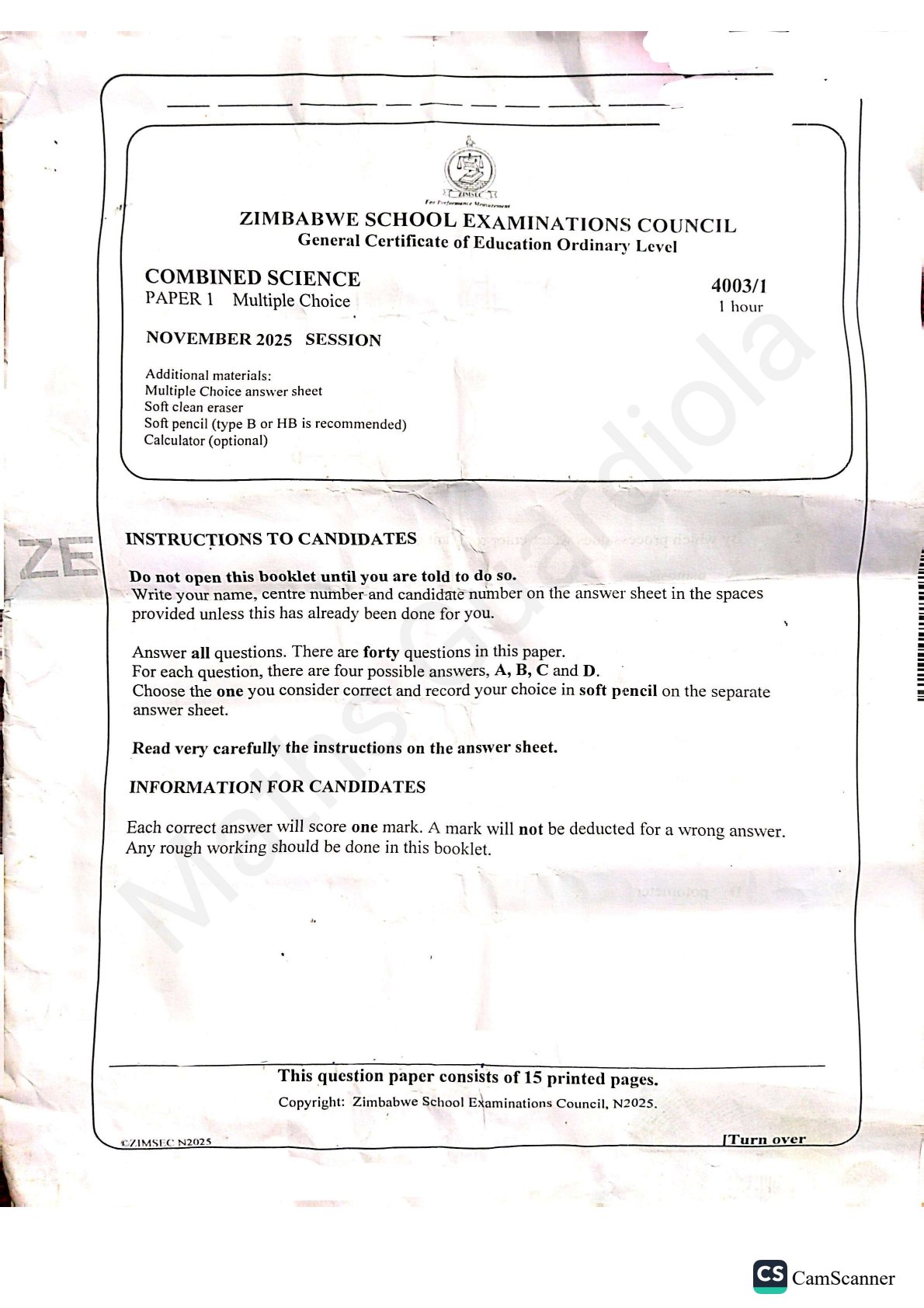 First page of ZIMSEC O-Level Combined Science Paper 1 November 2025 Question Paper