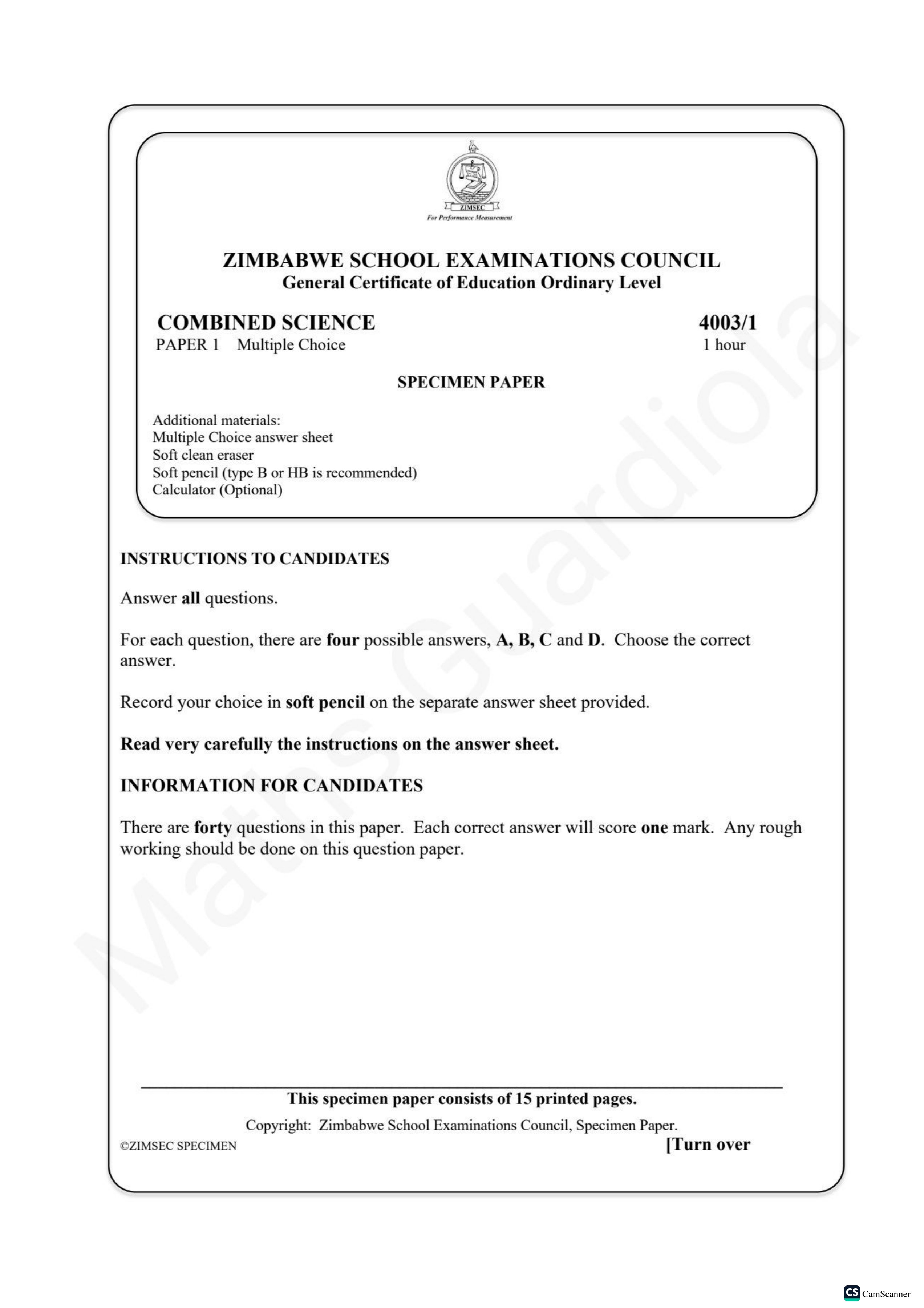 First page of ZIMSEC O-Level Combined Science Paper 1 Question Paper