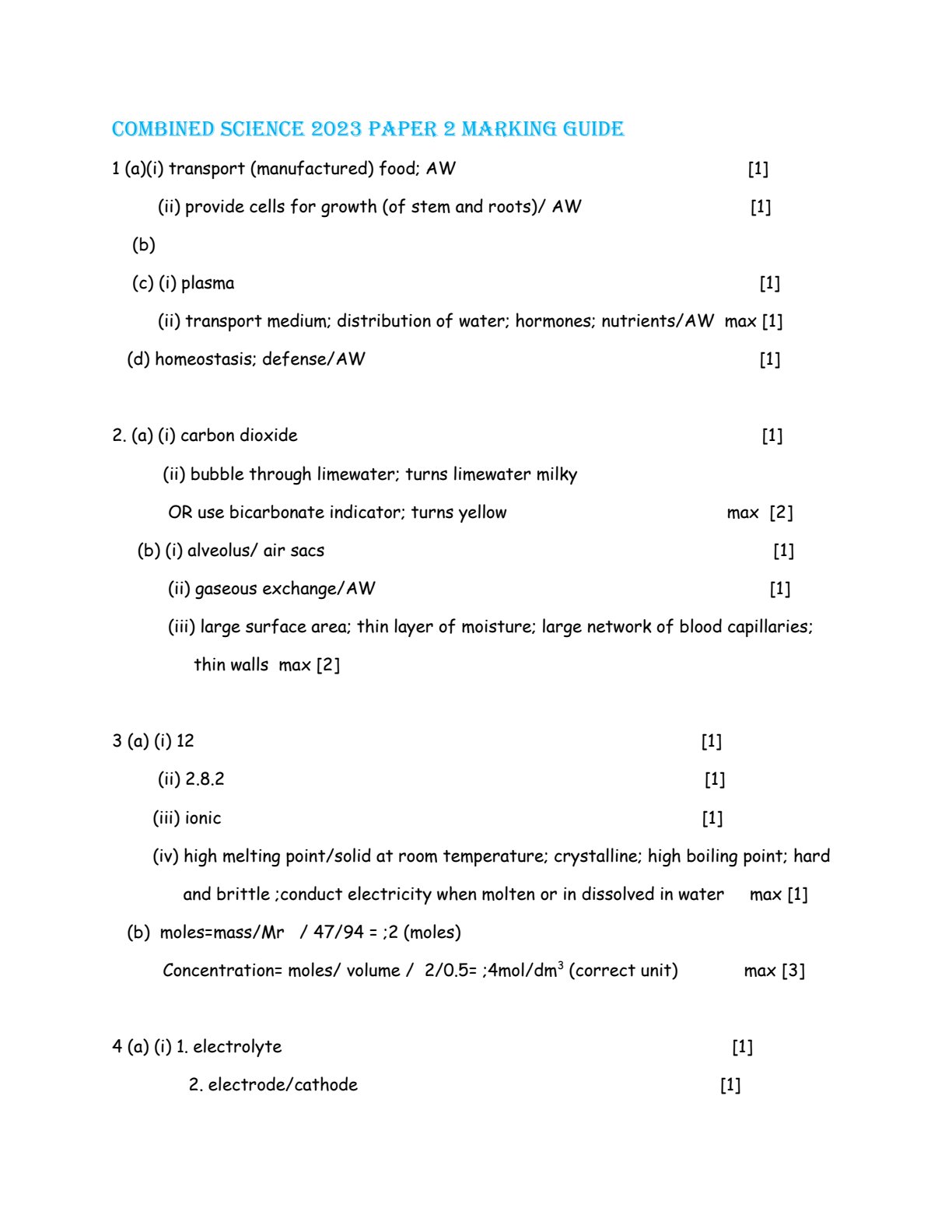 First page of ZIMSEC O-Level Combined Science Paper 2 2023 Marking Scheme