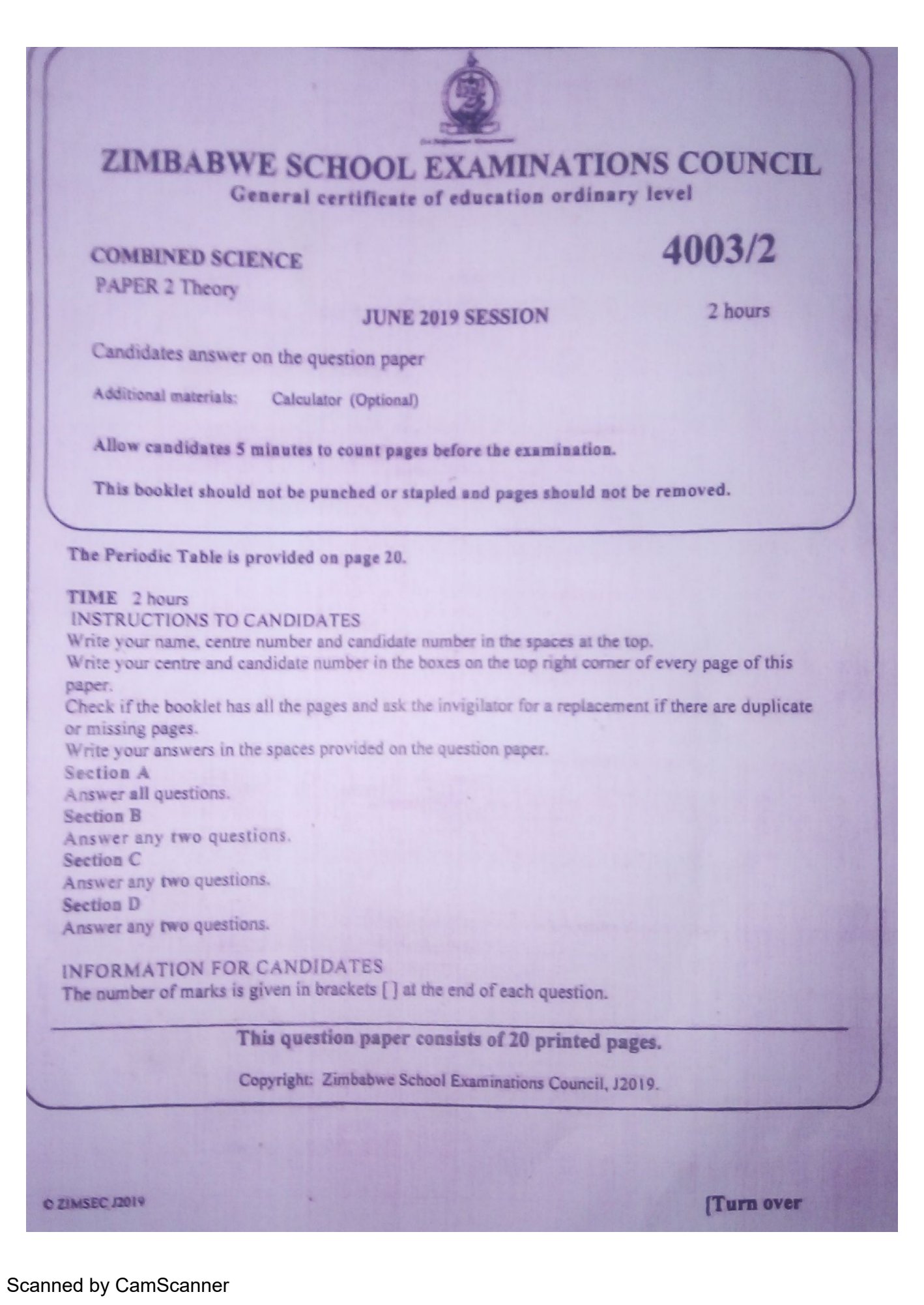 First page of ZIMSEC O-Level Combined Science Paper 2 June 2019 Question Paper