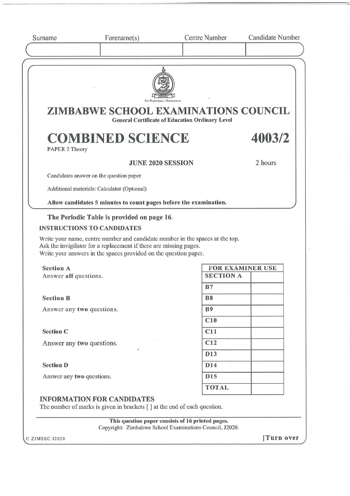 First page of ZIMSEC O-Level Combined Science Paper 2 June 2020 Question Paper