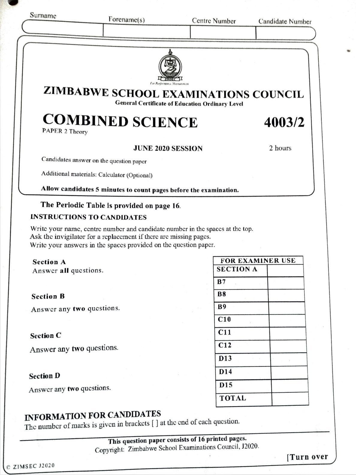 First page of ZIMSEC O-Level Combined Science Paper 2 June 2020 Question Paper