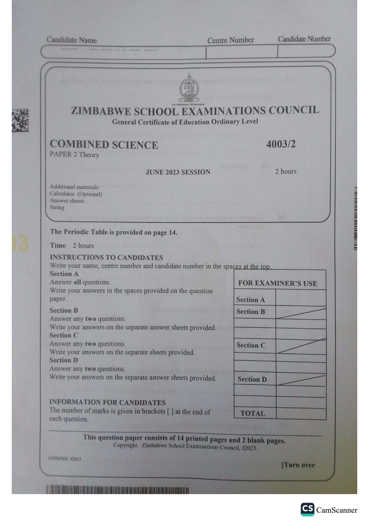 First page of ZIMSEC O-Level Combined Science Paper 2 June 2023 Question Paper