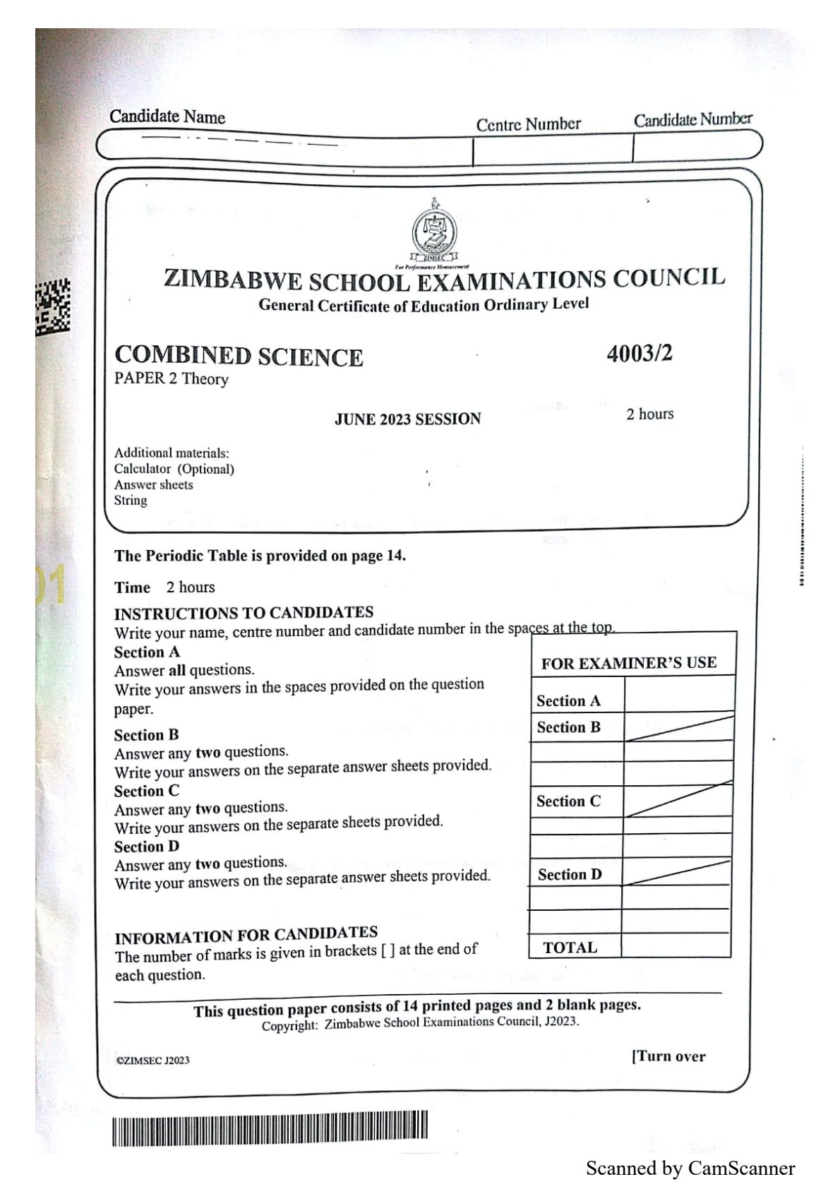 First page of ZIMSEC O-Level Combined Science Paper 2 June 2023 Question Paper