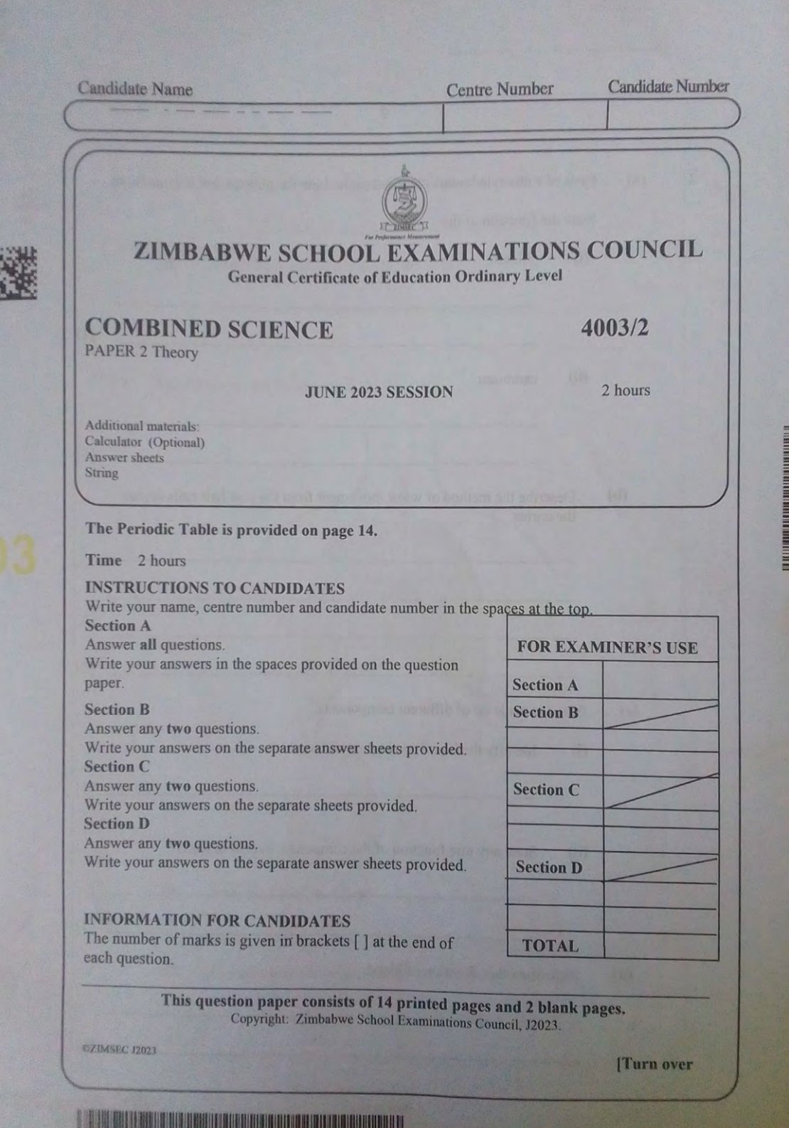First page of ZIMSEC O-Level Combined Science Paper 2 June 2023 Question Paper