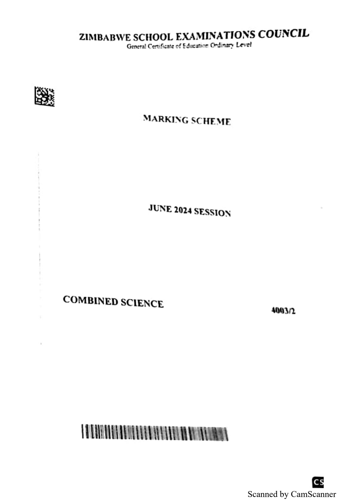 First page of ZIMSEC O-Level Combined Science Paper 2 June 2024 Marking Scheme