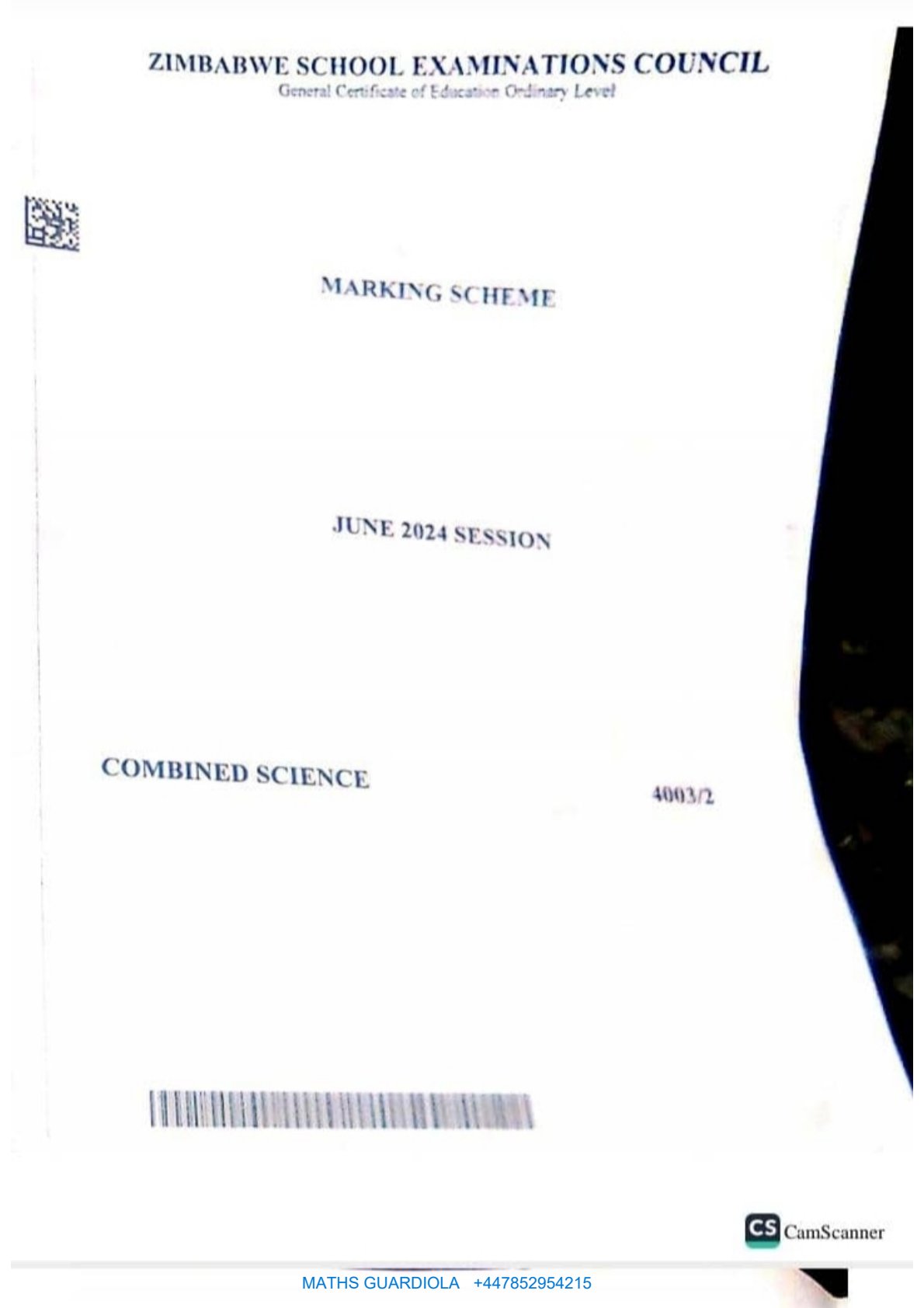 First page of ZIMSEC O-Level Combined Science Paper 2 June 2024 Marking Scheme
