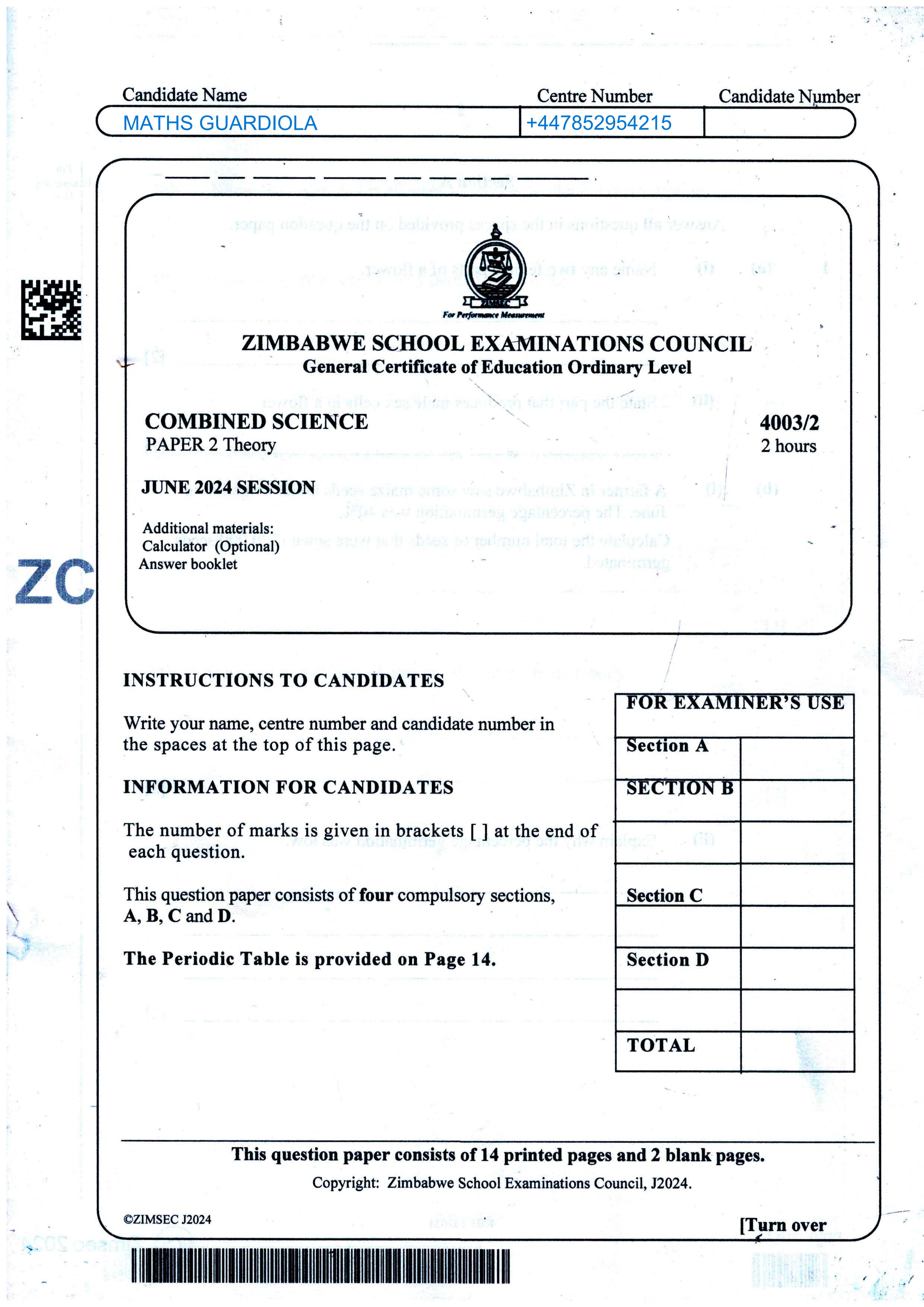 First page of ZIMSEC O-Level Combined Science Paper 2 June 2024 Question Paper