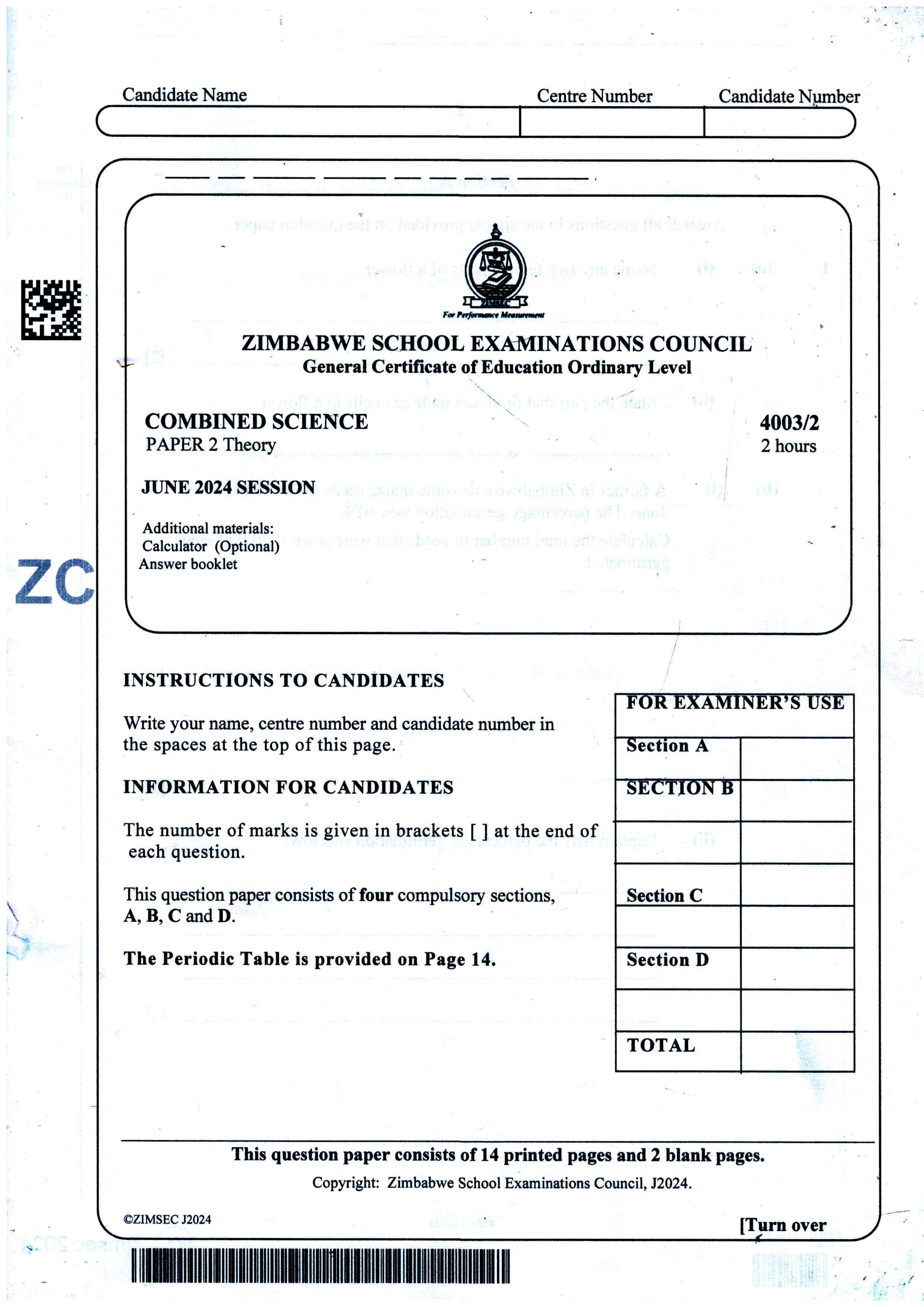 First page of ZIMSEC O-Level Combined Science Paper 2 June 2024 Question Paper