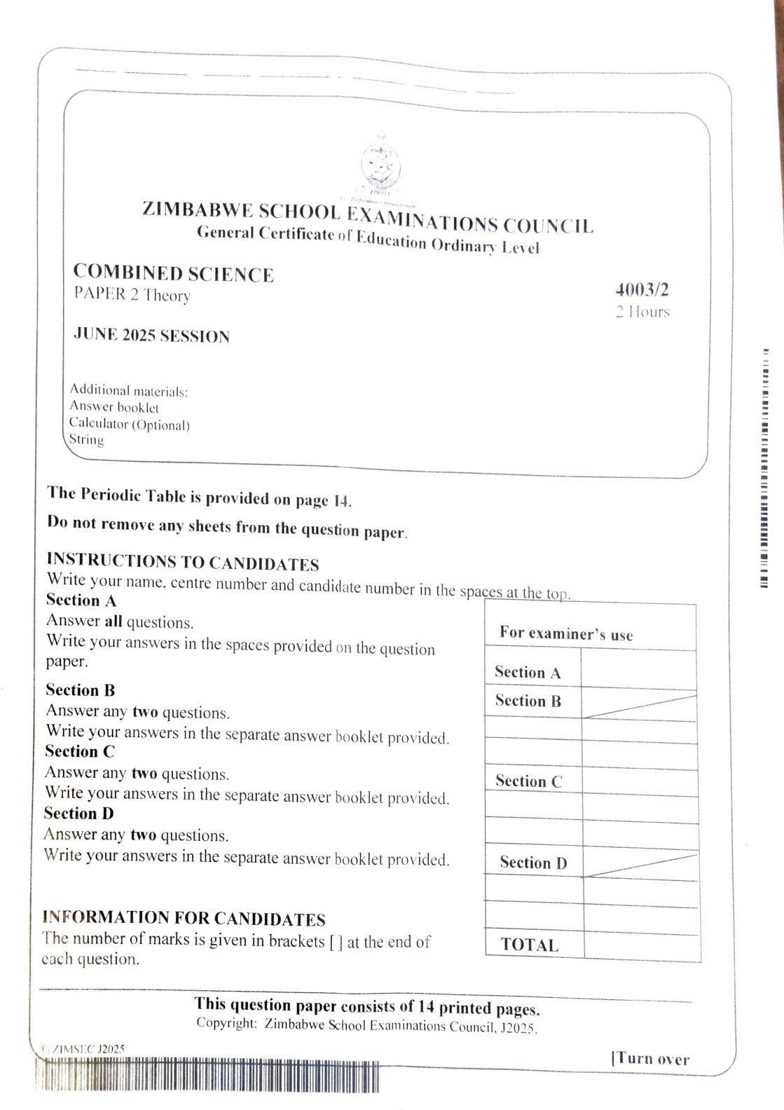 First page of ZIMSEC O-Level Combined Science Paper 2 June 2025 Question Paper