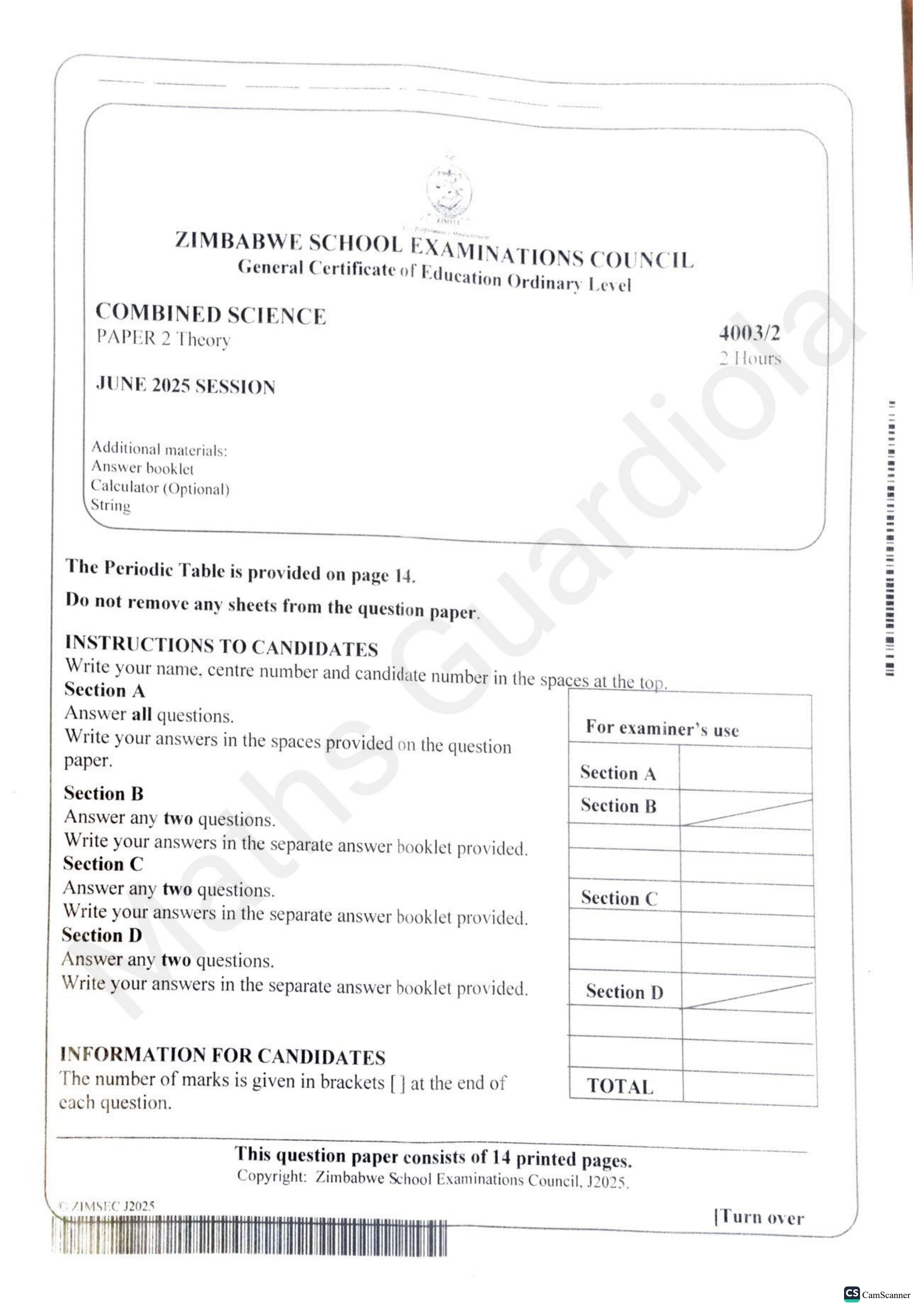 First page of ZIMSEC O-Level Combined Science Paper 2 June 2025 Question Paper