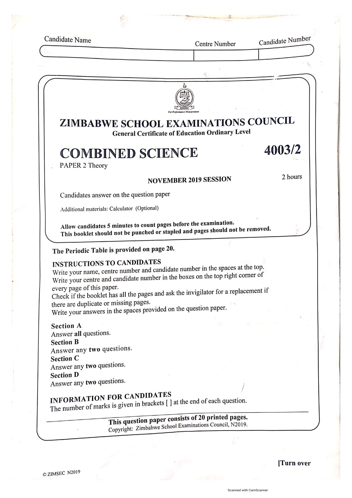 First page of ZIMSEC O-Level Combined Science Paper 2 November 2019 Question Paper