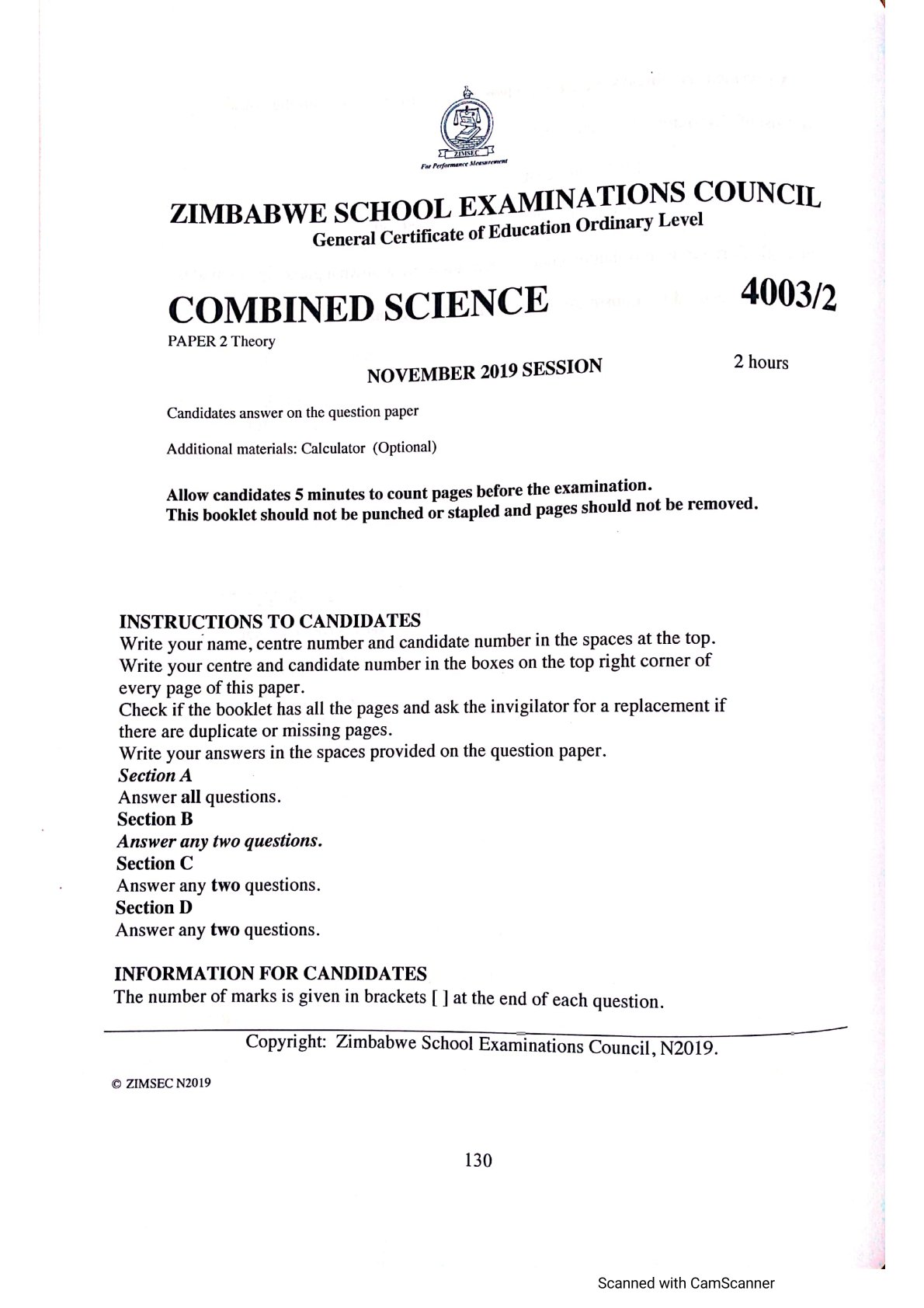 First page of ZIMSEC O-Level Combined Science Paper 2 November 2019 Question Paper