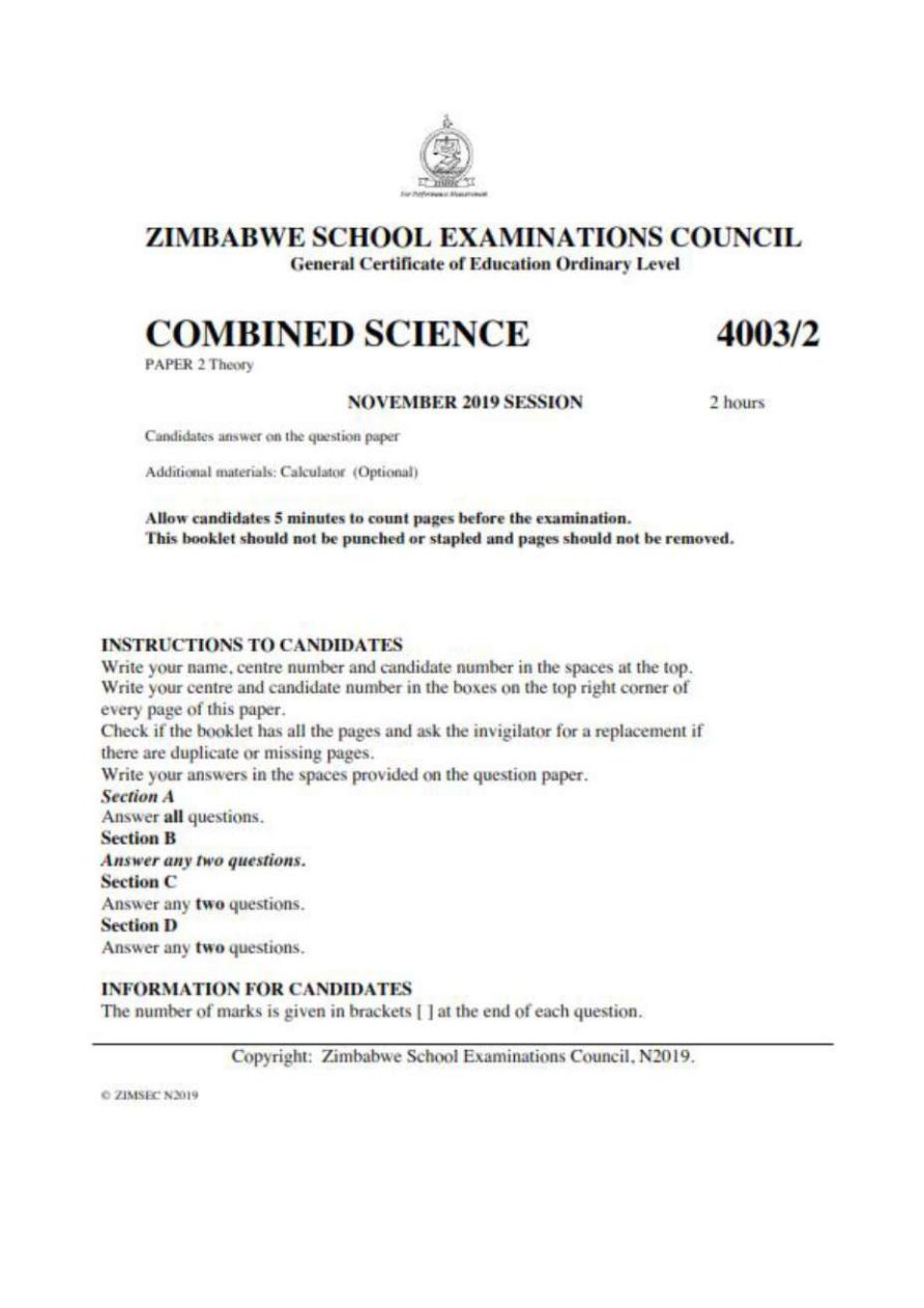 First page of ZIMSEC O-Level Combined Science Paper 2 November 2019 Question Paper