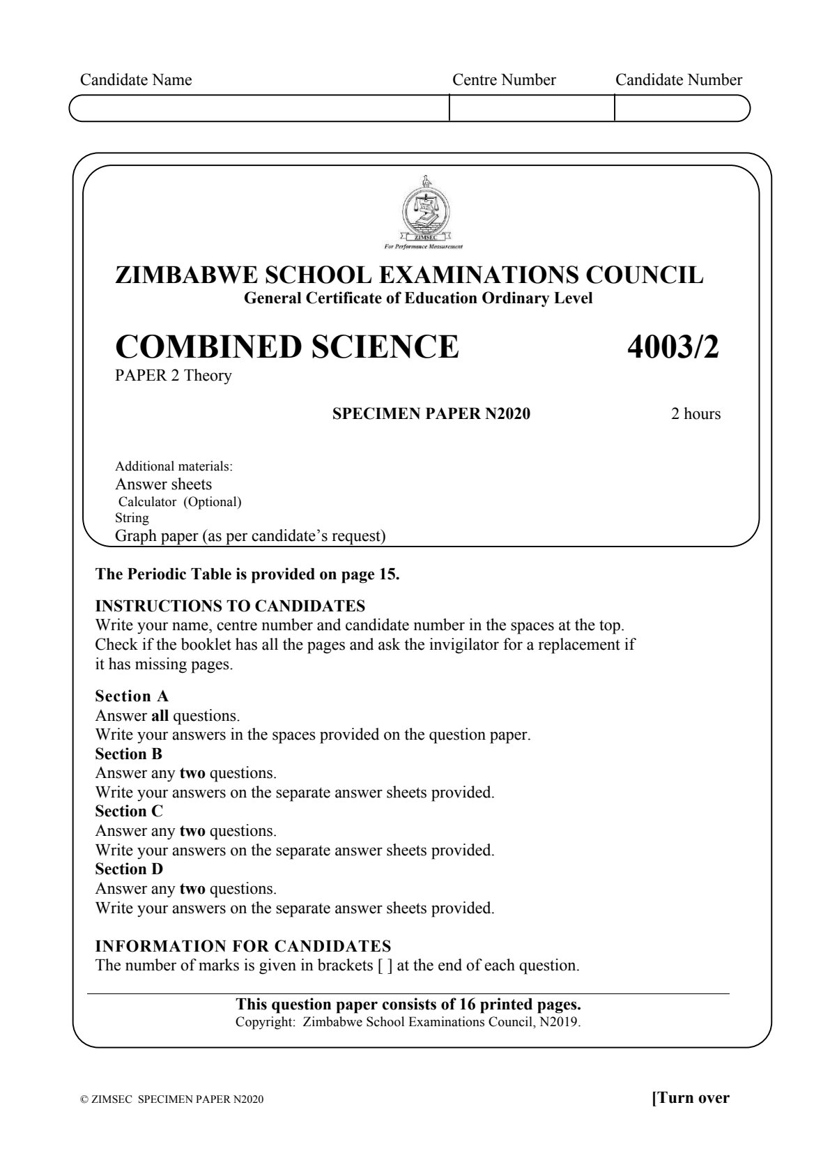 First page of ZIMSEC O-Level Combined Science Paper 2 November 2020 Question Paper