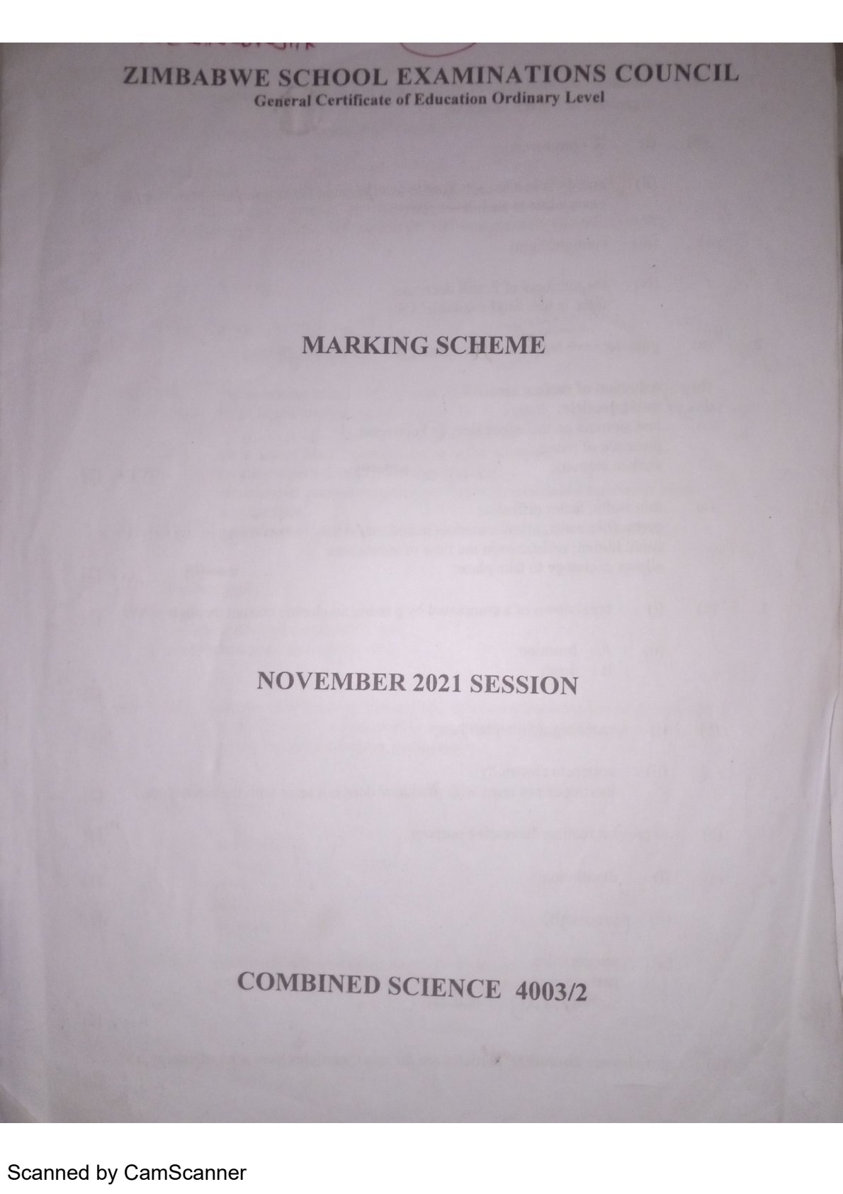 First page of ZIMSEC O-Level Combined Science Paper 2 November 2021 Marking Scheme