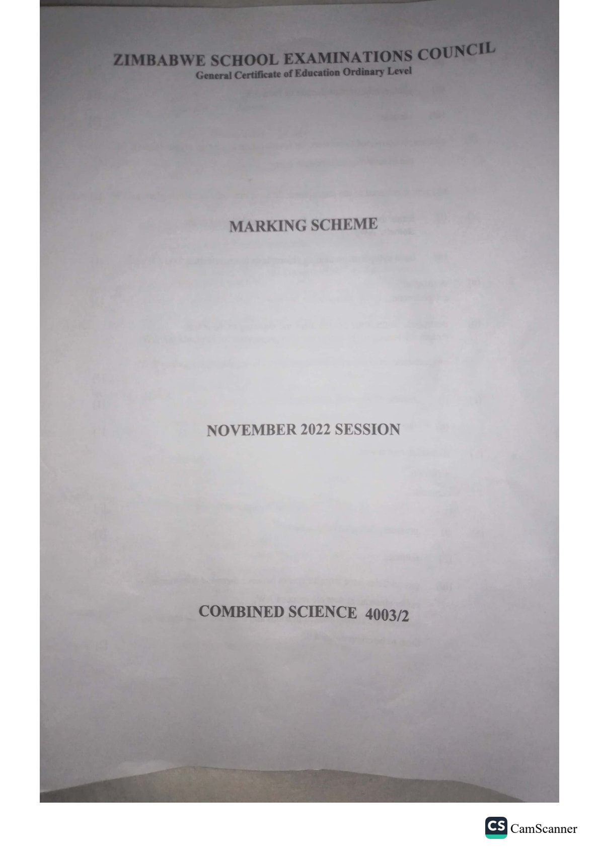 First page of ZIMSEC O-Level Combined Science Paper 2 November 2022 Marking Scheme