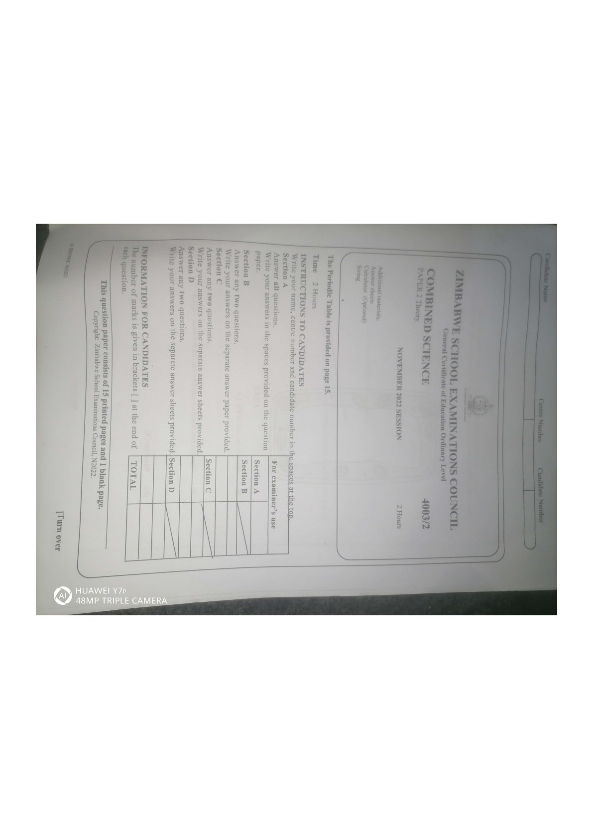 First page of ZIMSEC O-Level Combined Science Paper 2 November 2022 Question Paper