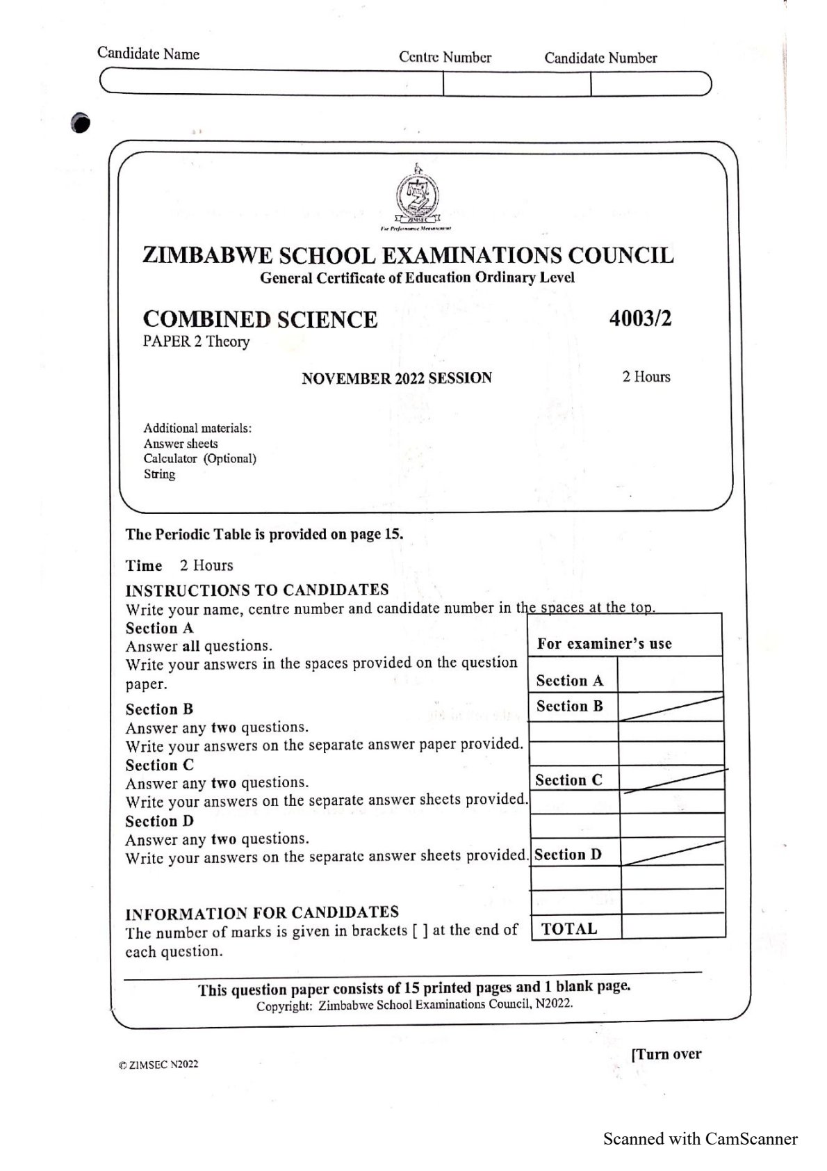 First page of ZIMSEC O-Level Combined Science Paper 2 November 2022 Question Paper