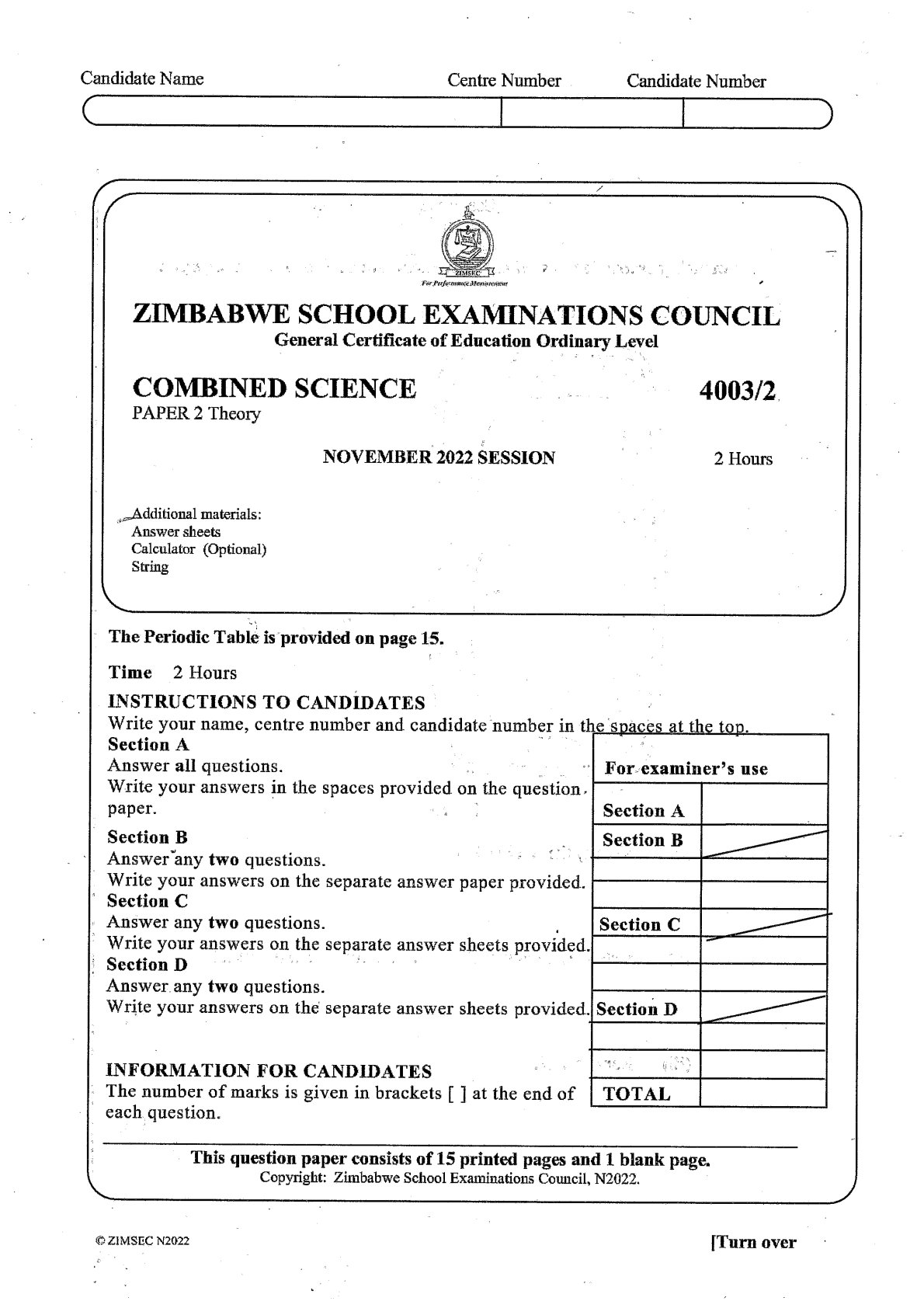 First page of ZIMSEC O-Level Combined Science Paper 2 November 2022 Question Paper