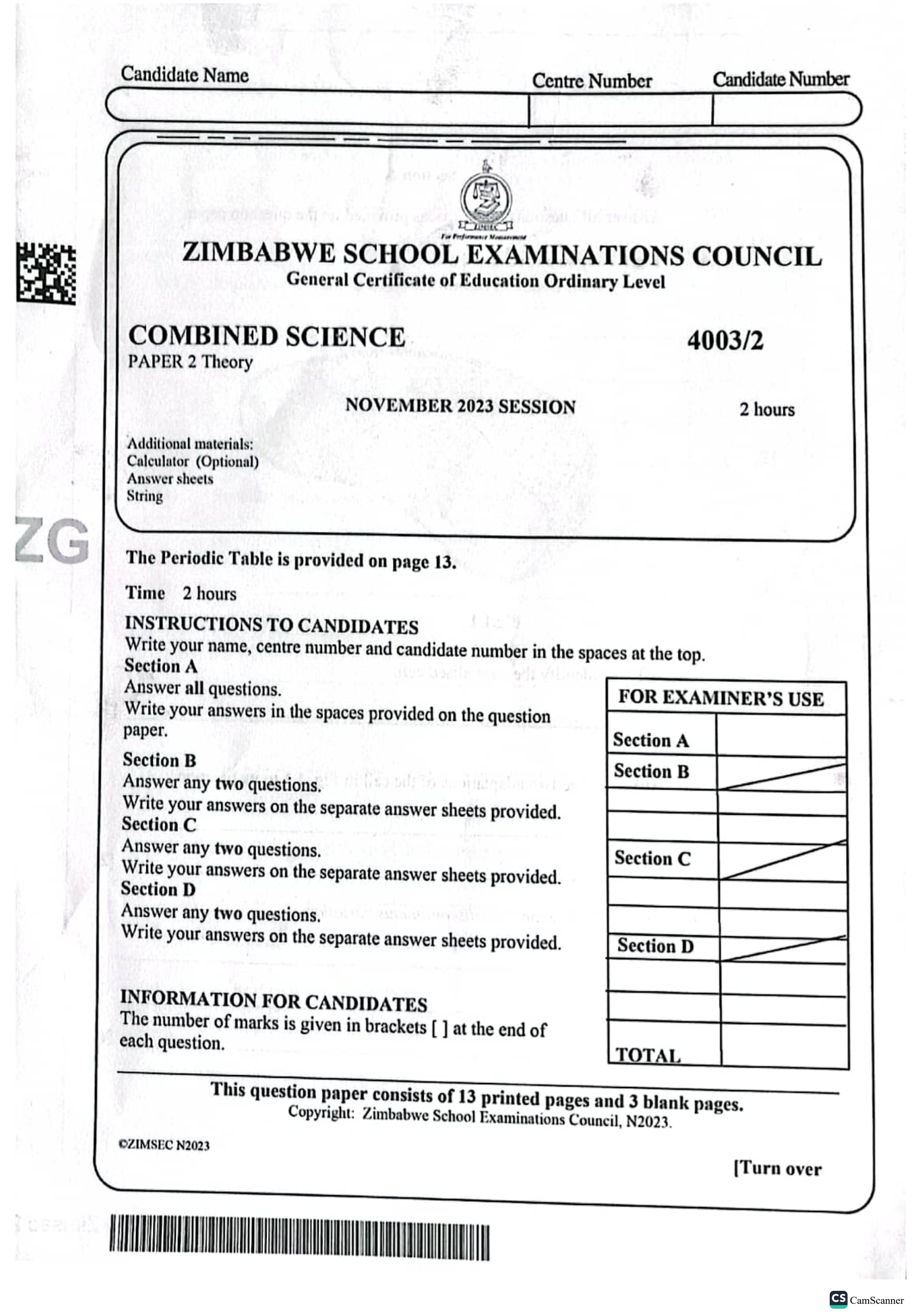 First page of ZIMSEC O-Level Combined Science Paper 2 November 2023 Question Paper