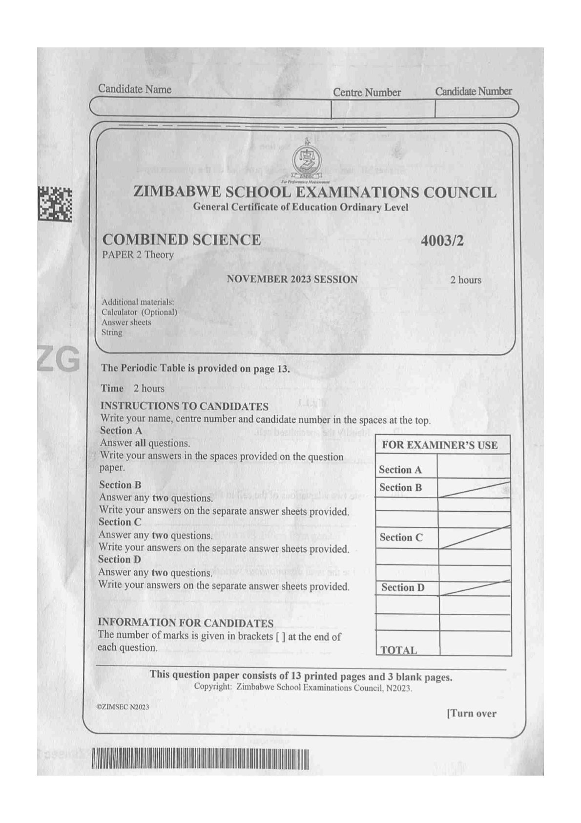First page of ZIMSEC O-Level Combined Science Paper 2 November 2023 Question Paper