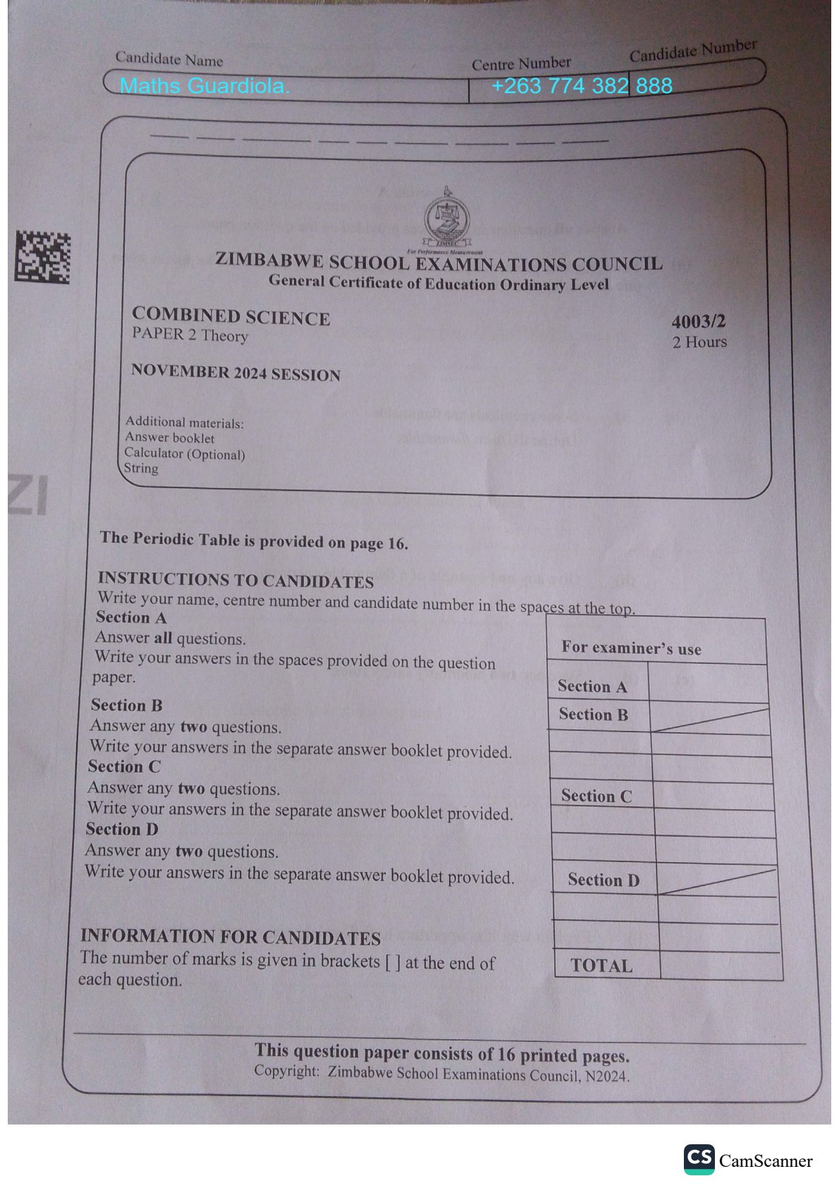 First page of ZIMSEC O-Level Combined Science Paper 2 November 2024 Question Paper