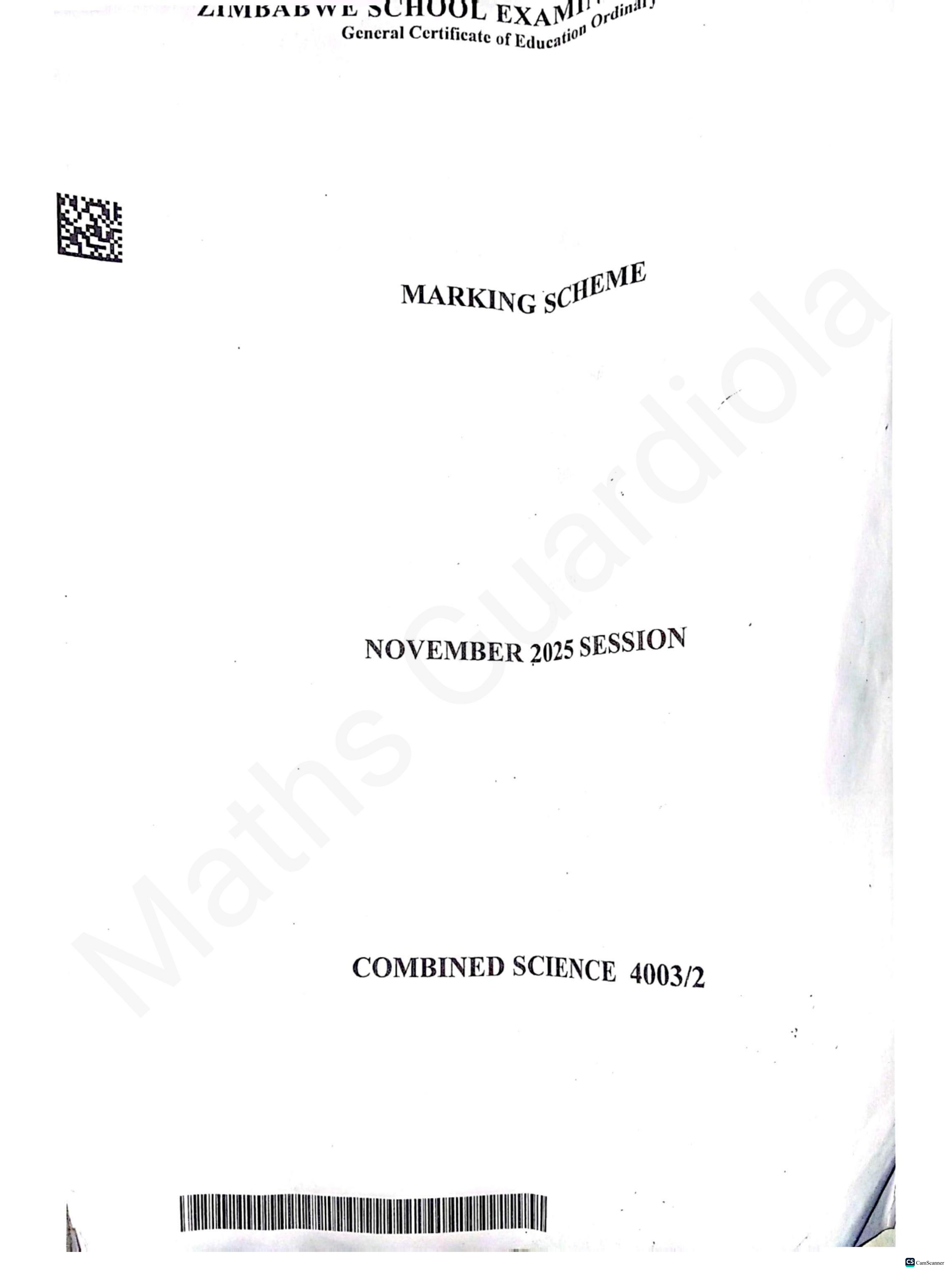 First page of ZIMSEC O-Level Combined Science Paper 2 November 2025 Marking Scheme