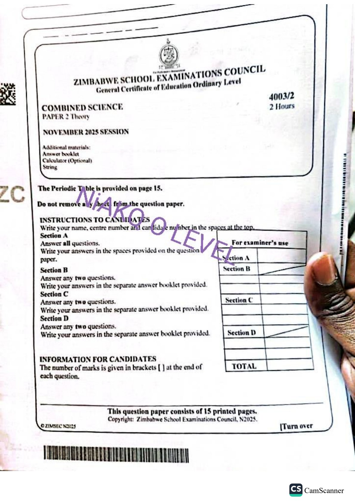 First page of ZIMSEC O-Level Combined Science Paper 2 November 2025 Question Paper