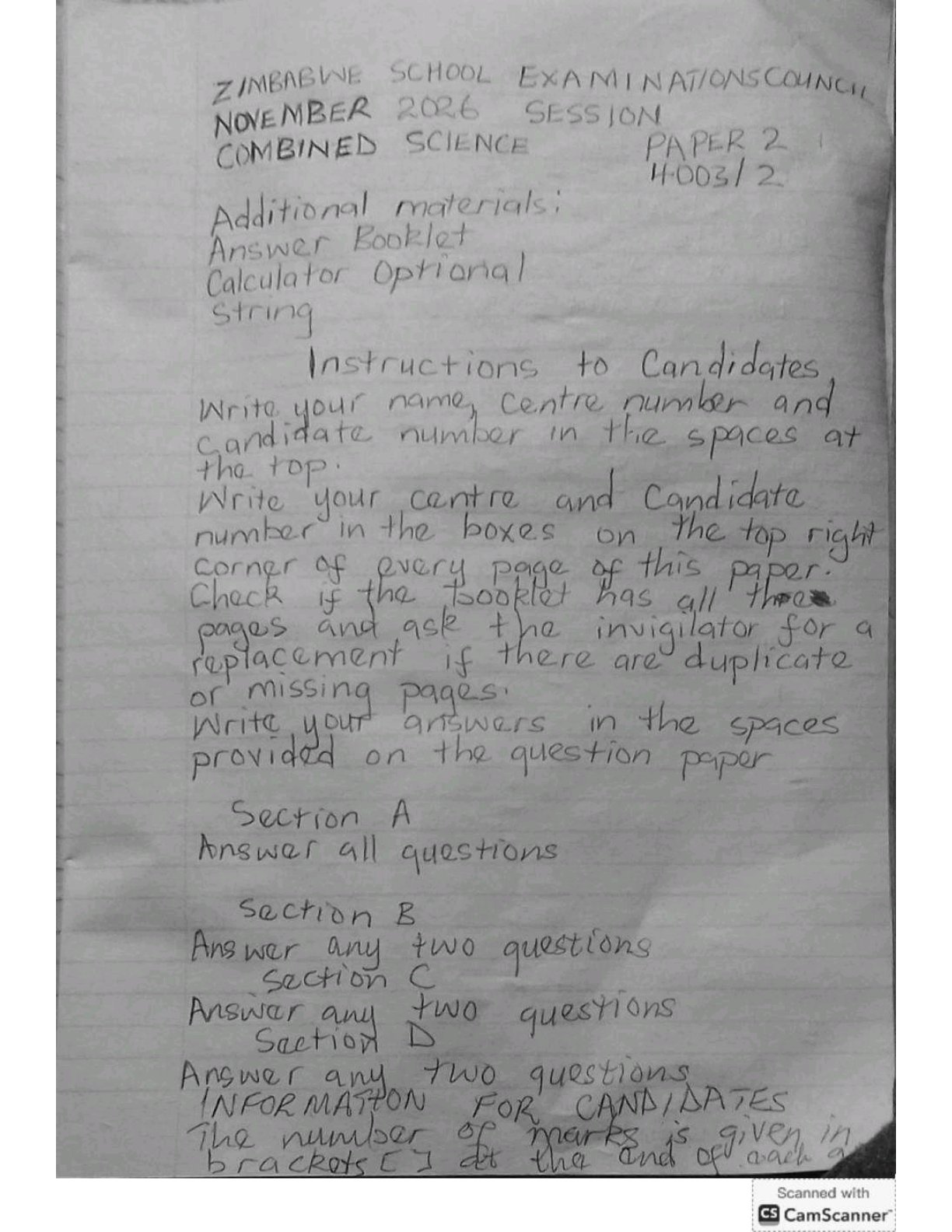 First page of ZIMSEC O-Level Combined Science Paper 2 November 2026 Question Paper