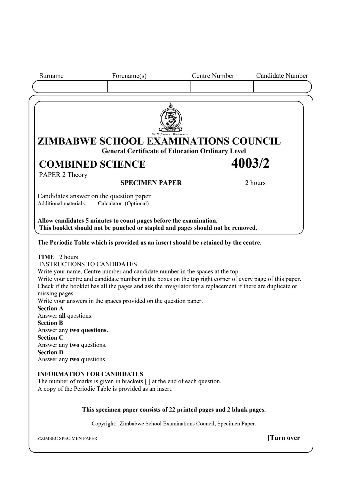 First page of ZIMSEC O-Level Combined Science Paper 2 Question Paper