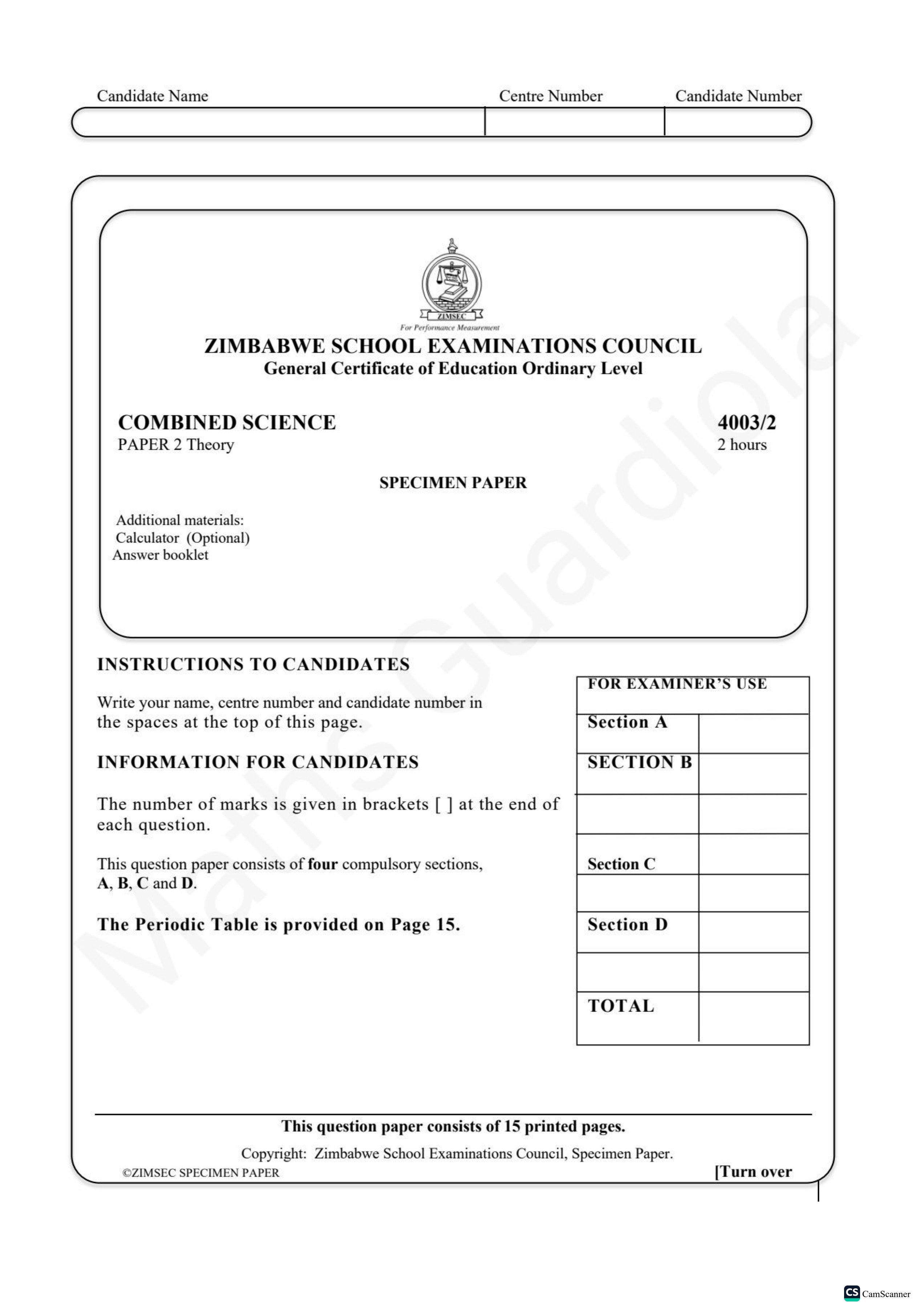 First page of ZIMSEC O-Level Combined Science Paper 2 Question Paper