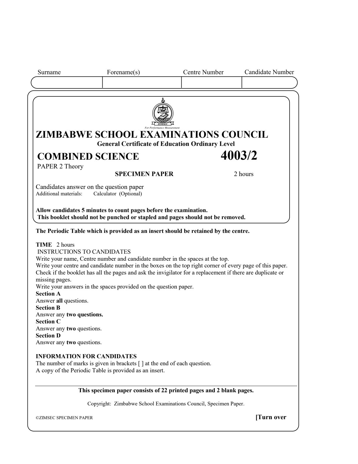 First page of ZIMSEC O-Level Combined Science Paper 2 Specimen Question Paper