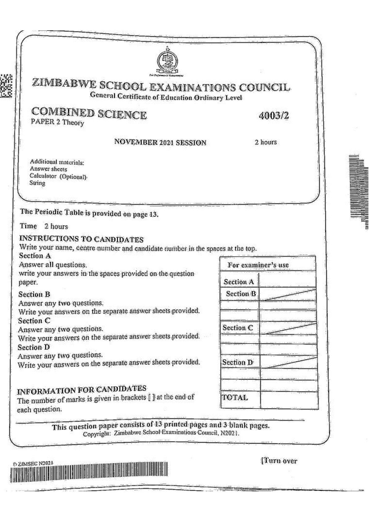 First page of ZIMSEC O-Level Combined Science Paper 2 Theory November 2021 Question Paper