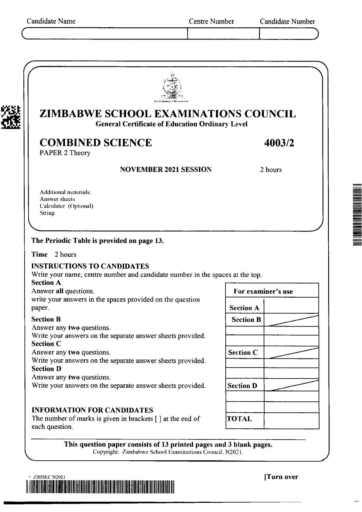 First page of ZIMSEC O-Level Combined Science Paper 2 Theory November 2021 Question Paper